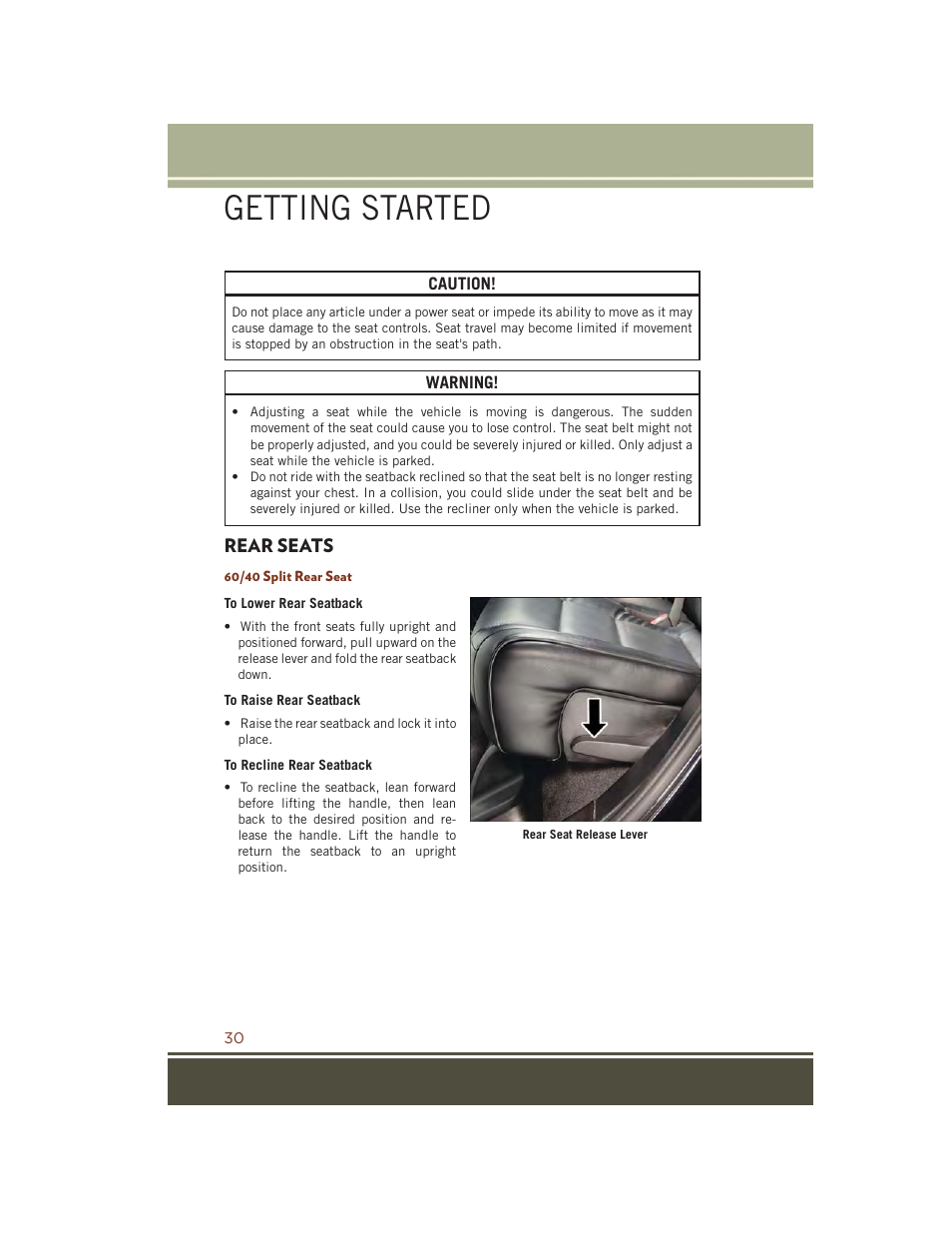 Rear seats, 60/40 split rear seat, Getting started | Jeep 2015 Grand Cherokee SRT - User Guide User Manual | Page 32 / 268