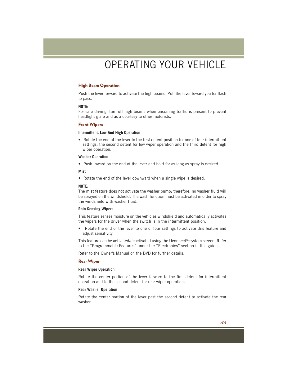 High beam operation, Front wipers, Rear wiper | Operating your vehicle | Jeep 2015 Grand Cherokee SRT - User Guide User Manual | Page 41 / 268