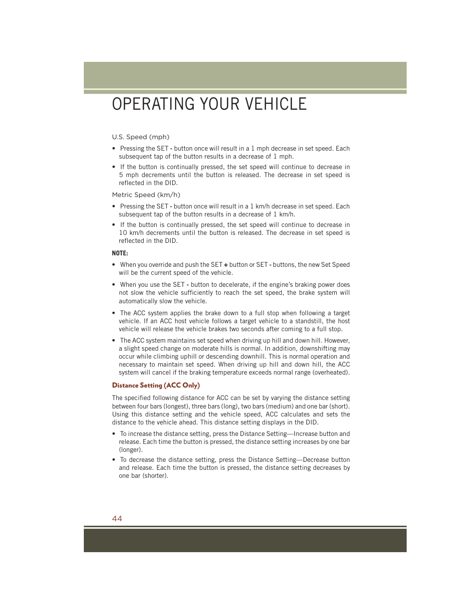 Distance setting (acc only), Operating your vehicle | Jeep 2015 Grand Cherokee SRT - User Guide User Manual | Page 46 / 268