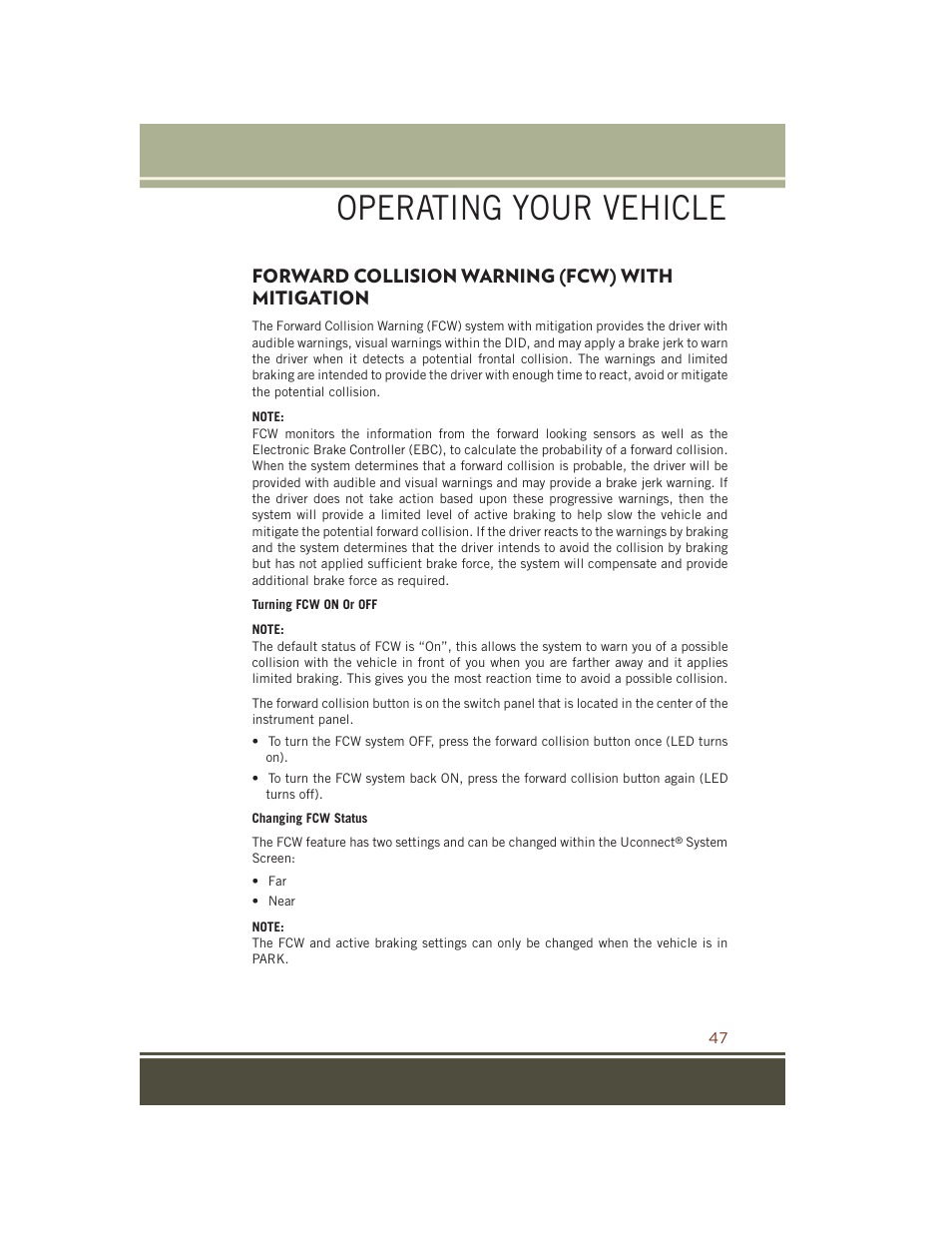 Forward collision warning (fcw) with mitigation, Forward collision warning (fcw), With mitigation | Operating your vehicle | Jeep 2015 Grand Cherokee SRT - User Guide User Manual | Page 49 / 268