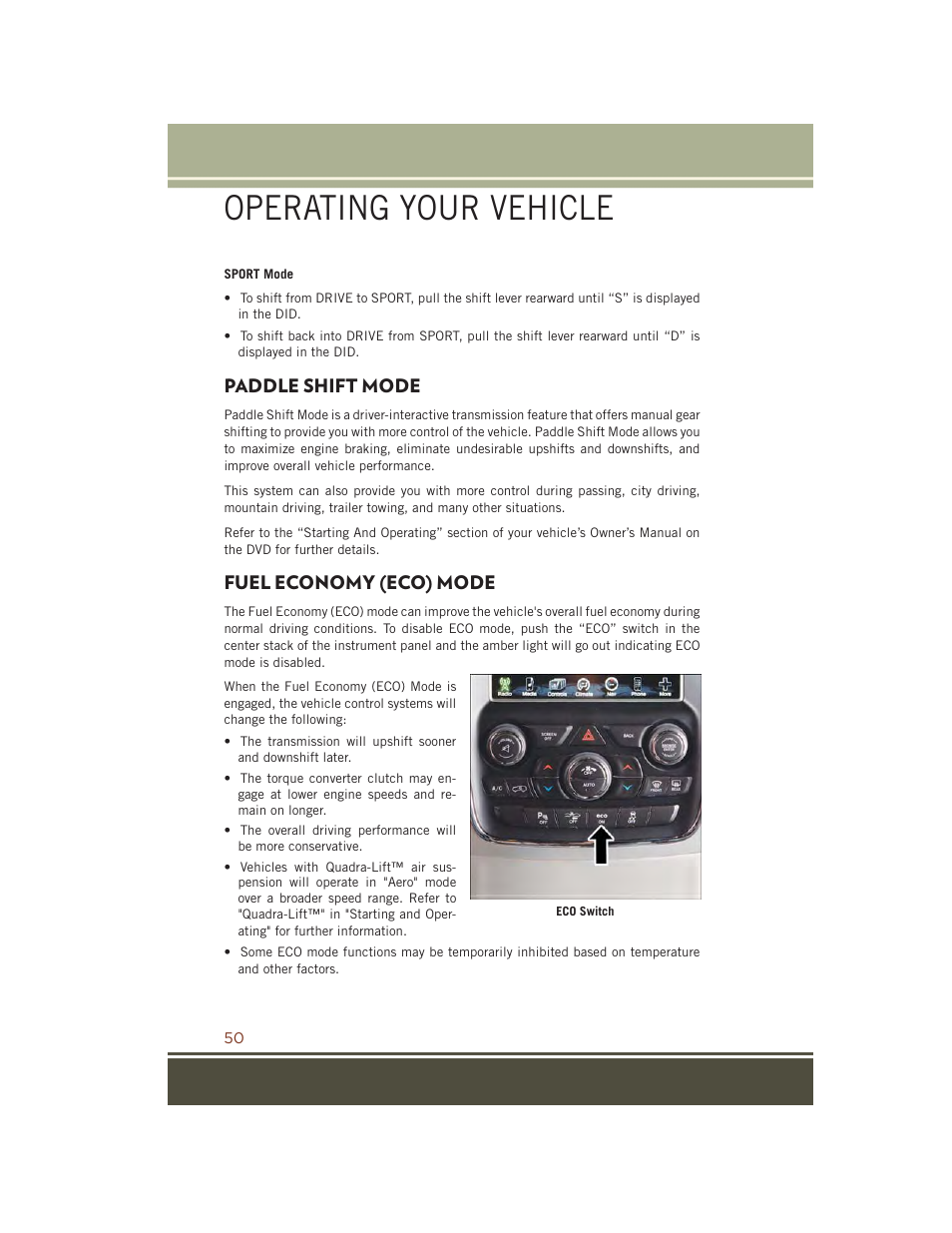 Paddle shift mode, Fuel economy (eco) mode, Operating your vehicle | Jeep 2015 Grand Cherokee SRT - User Guide User Manual | Page 52 / 268