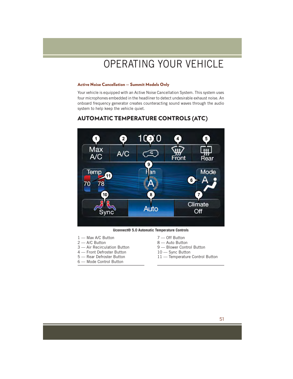 Active noise cancellation — summit models only, Automatic temperature controls (atc), Automatic temperature controls | Atc), Operating your vehicle | Jeep 2015 Grand Cherokee SRT - User Guide User Manual | Page 53 / 268