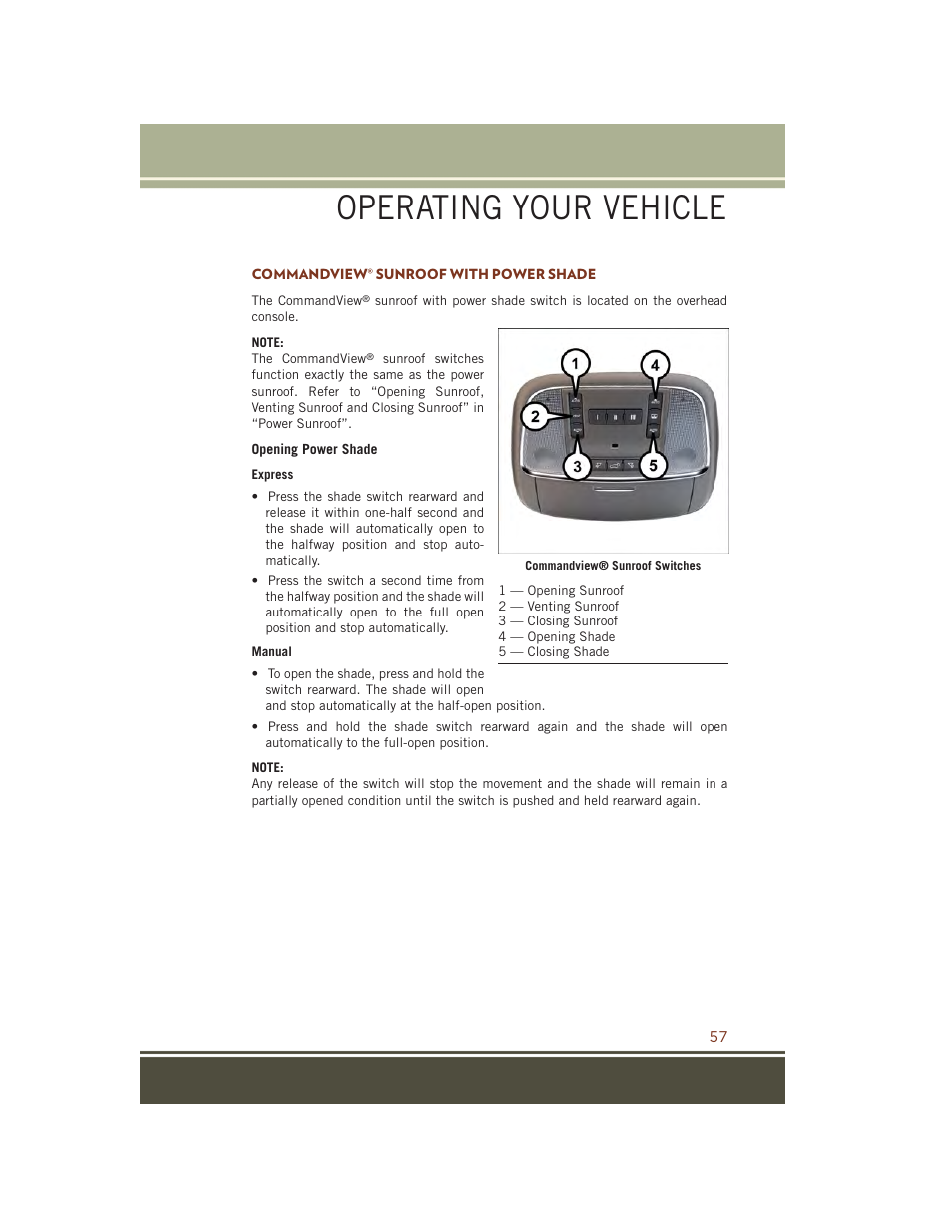 Commandview® sunroof with power shade, Operating your vehicle | Jeep 2015 Grand Cherokee SRT - User Guide User Manual | Page 59 / 268