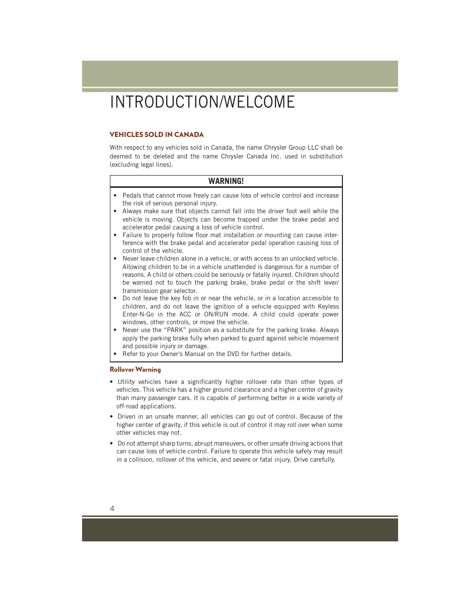 Vehicles sold in canada, Rollover warning, Introduction/welcome | Jeep 2015 Grand Cherokee SRT - User Guide User Manual | Page 6 / 268