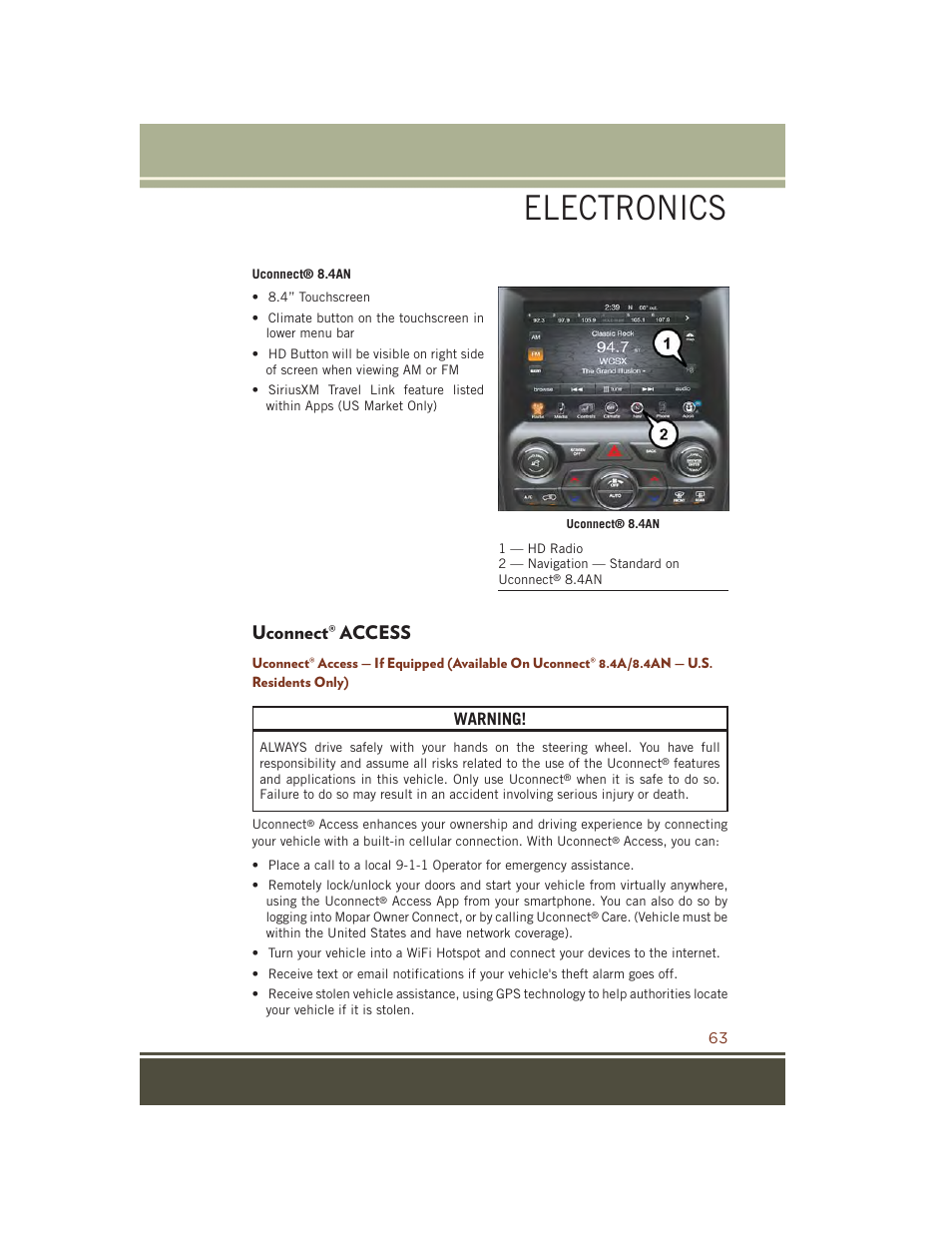 Uconnect® access, Uconnect, Access | Electronics, Warning | Jeep 2015 Grand Cherokee SRT - User Guide User Manual | Page 65 / 268