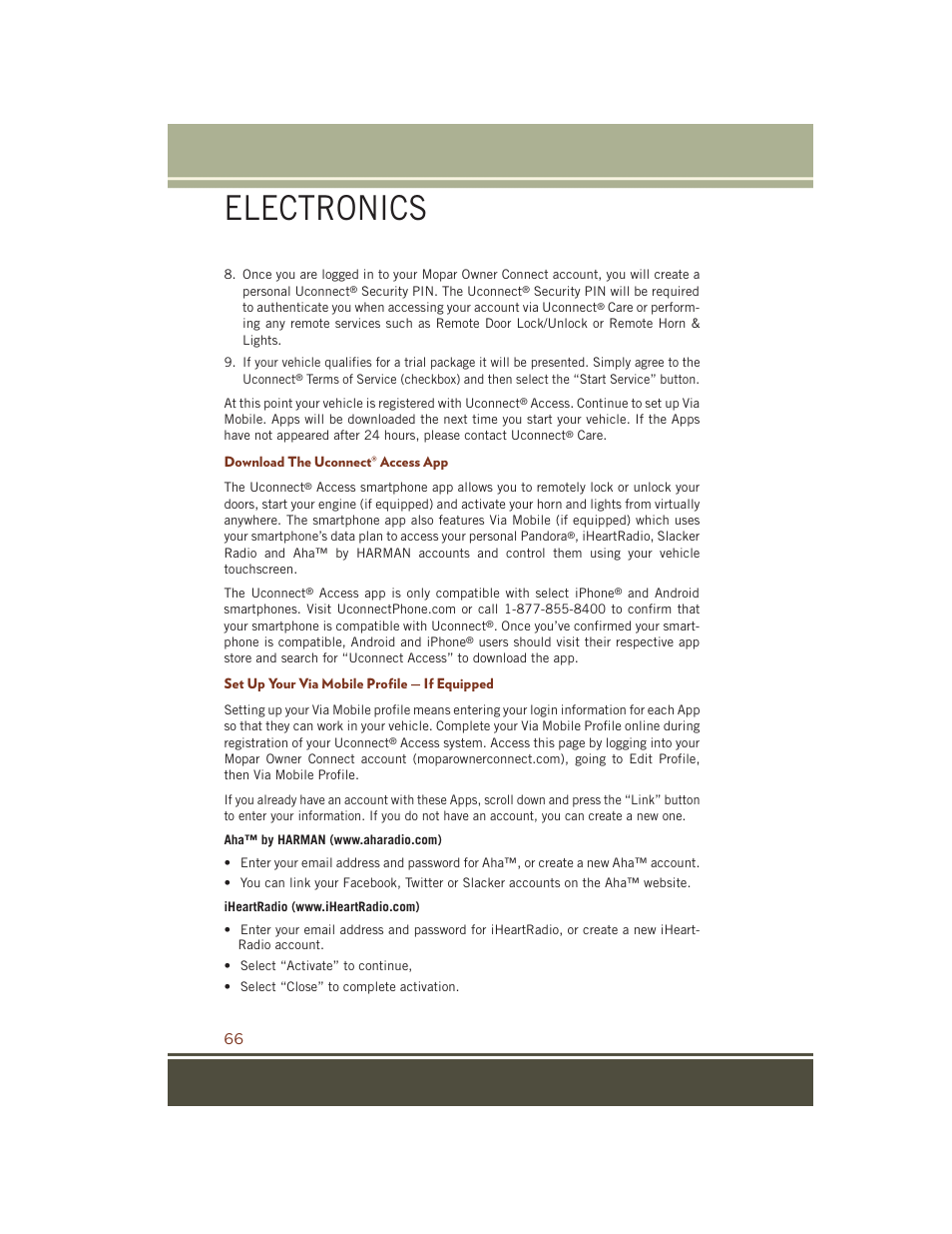 Download the uconnect® access app, Set up your via mobile profile — if equipped, Electronics | Jeep 2015 Grand Cherokee SRT - User Guide User Manual | Page 68 / 268