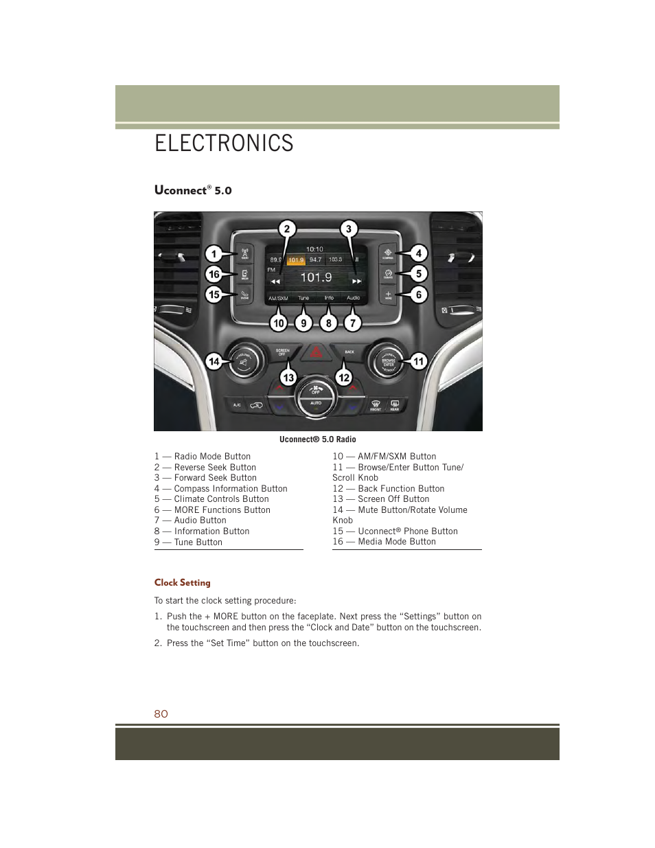 Uconnect® 5.0, Clock setting, Uconnect | Electronics | Jeep 2015 Grand Cherokee SRT - User Guide User Manual | Page 82 / 268