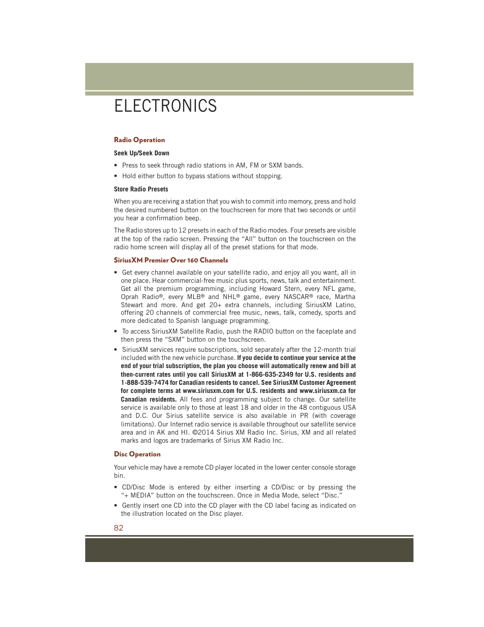 Radio operation, Siriusxm premier over 160 channels, Disc operation | Electronics | Jeep 2015 Grand Cherokee SRT - User Guide User Manual | Page 84 / 268