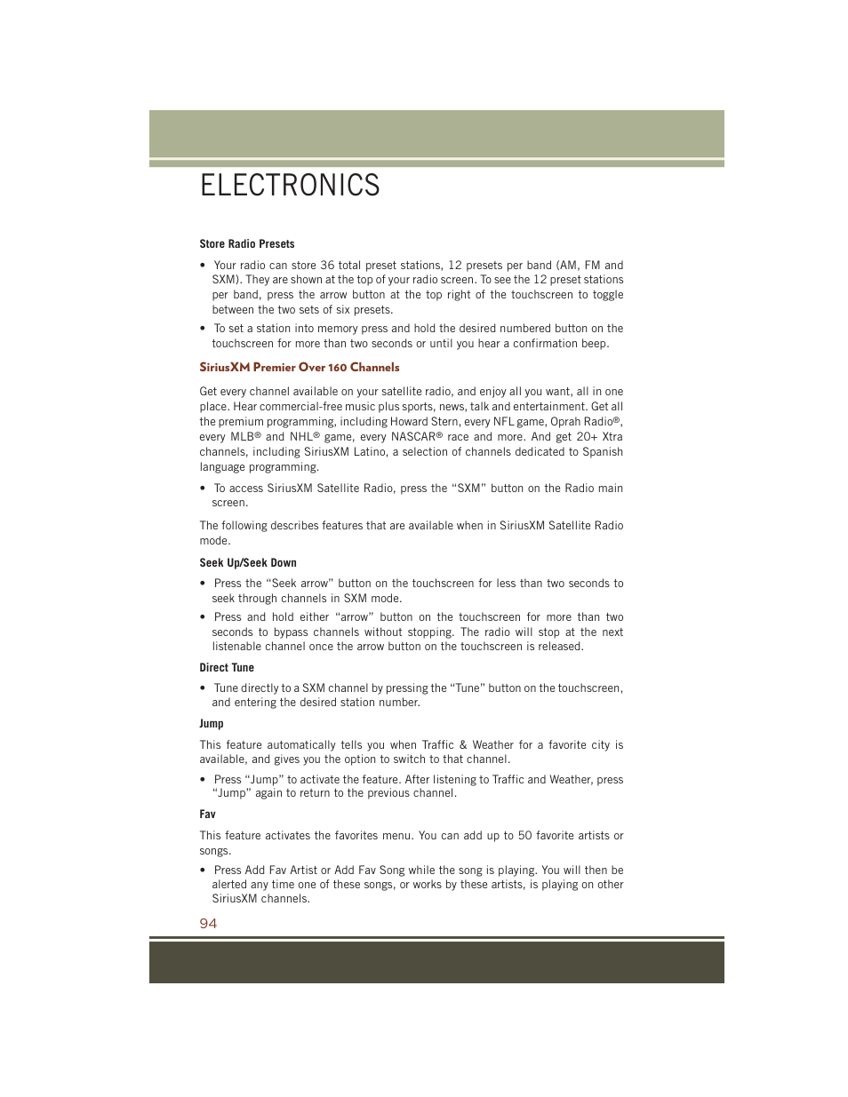 Siriusxm premier over 160 channels, Electronics | Jeep 2015 Grand Cherokee SRT - User Guide User Manual | Page 96 / 268