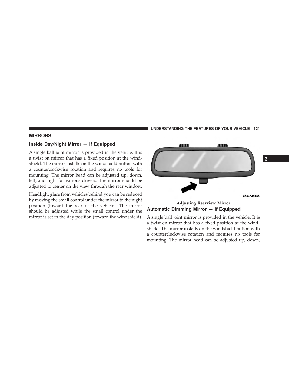 Mirrors, Inside day/night mirror — if equipped, Automatic dimming mirror — if equipped | Jeep 2015 Grand Cherokee SRT - Owner Manual User Manual | Page 123 / 638