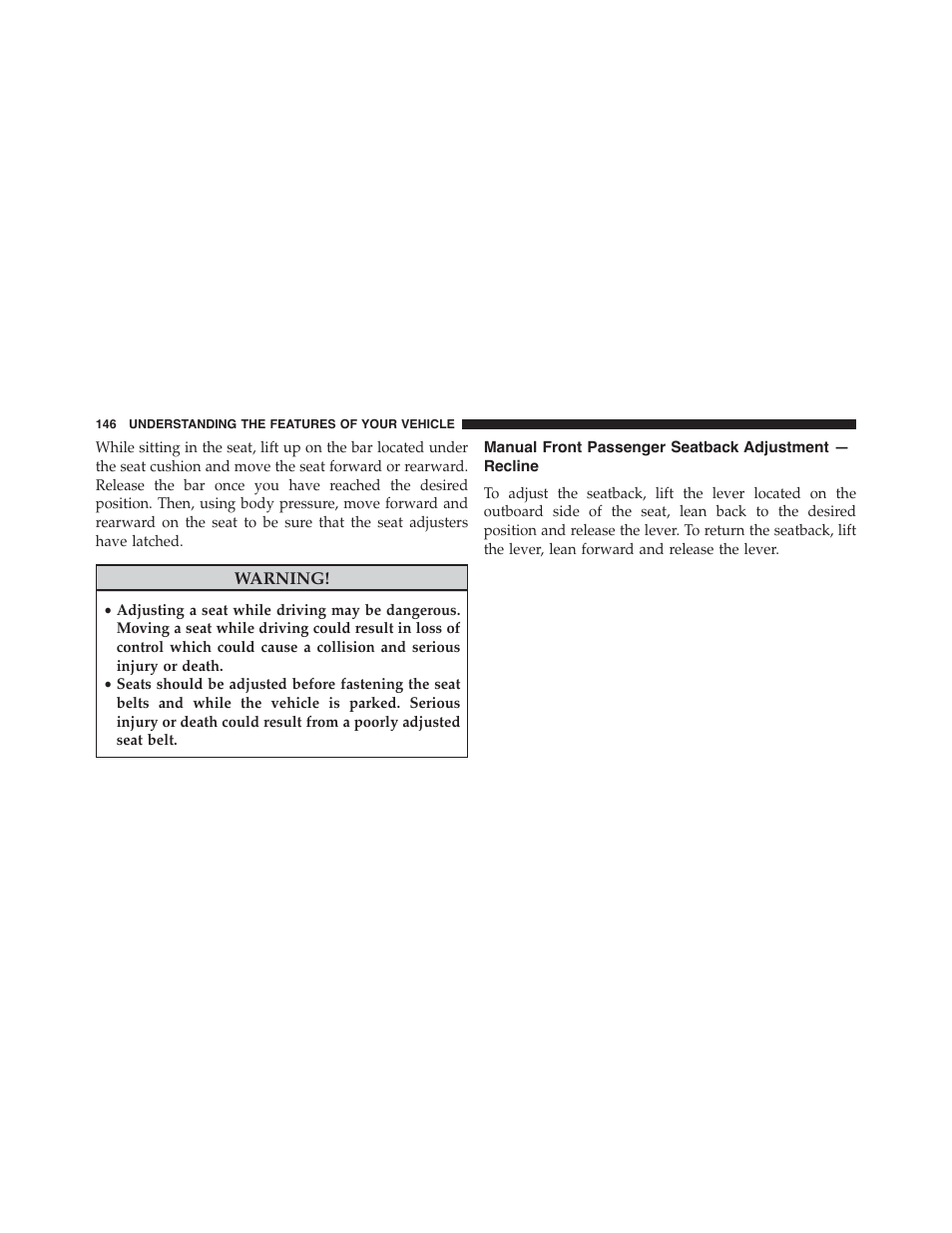 Manual front passenger seatback adjustment, Recline | Jeep 2015 Grand Cherokee SRT - Owner Manual User Manual | Page 148 / 638