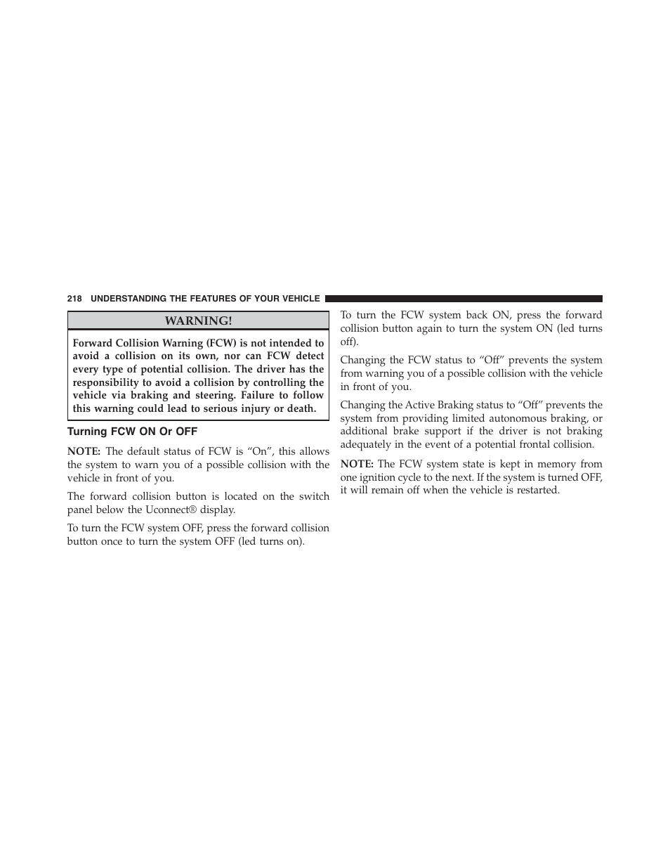 Turning fcw on or off | Jeep 2015 Grand Cherokee SRT - Owner Manual User Manual | Page 220 / 638