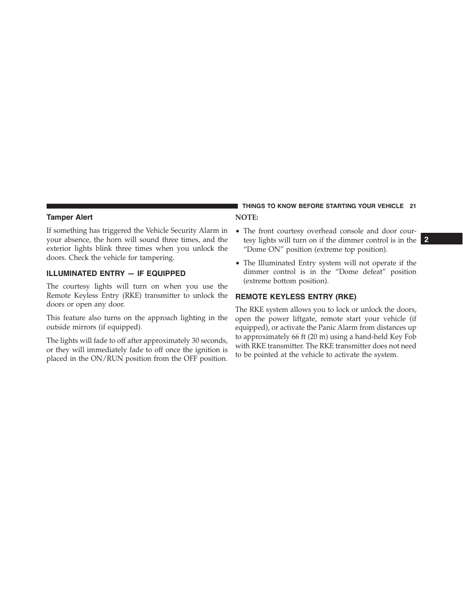 Tamper alert, Illuminated entry — if equipped, Remote keyless entry (rke) | Jeep 2015 Grand Cherokee SRT - Owner Manual User Manual | Page 23 / 638