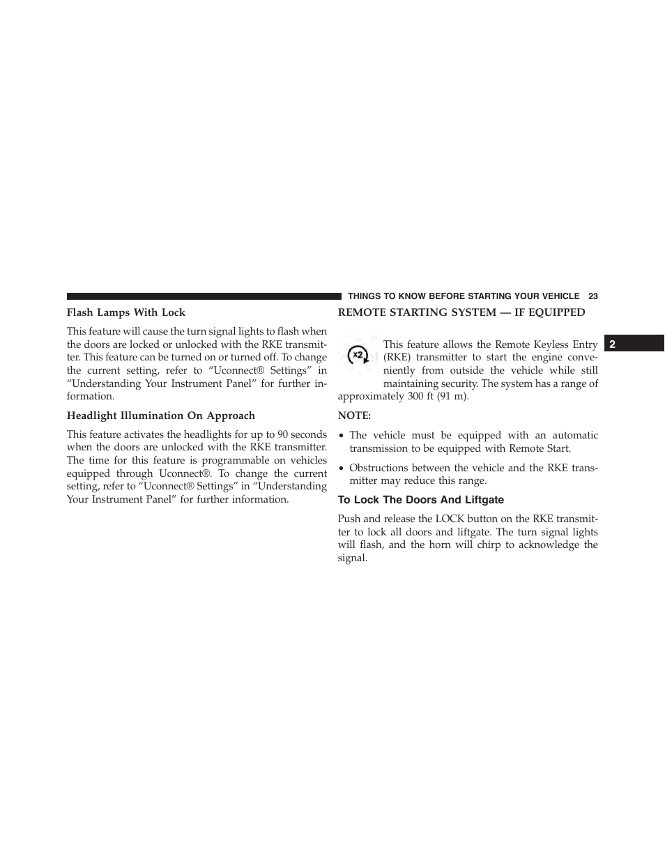 Flash lamps with lock, Headlight illumination on approach, Remote starting system — if equipped | To lock the doors and liftgate | Jeep 2015 Grand Cherokee SRT - Owner Manual User Manual | Page 25 / 638