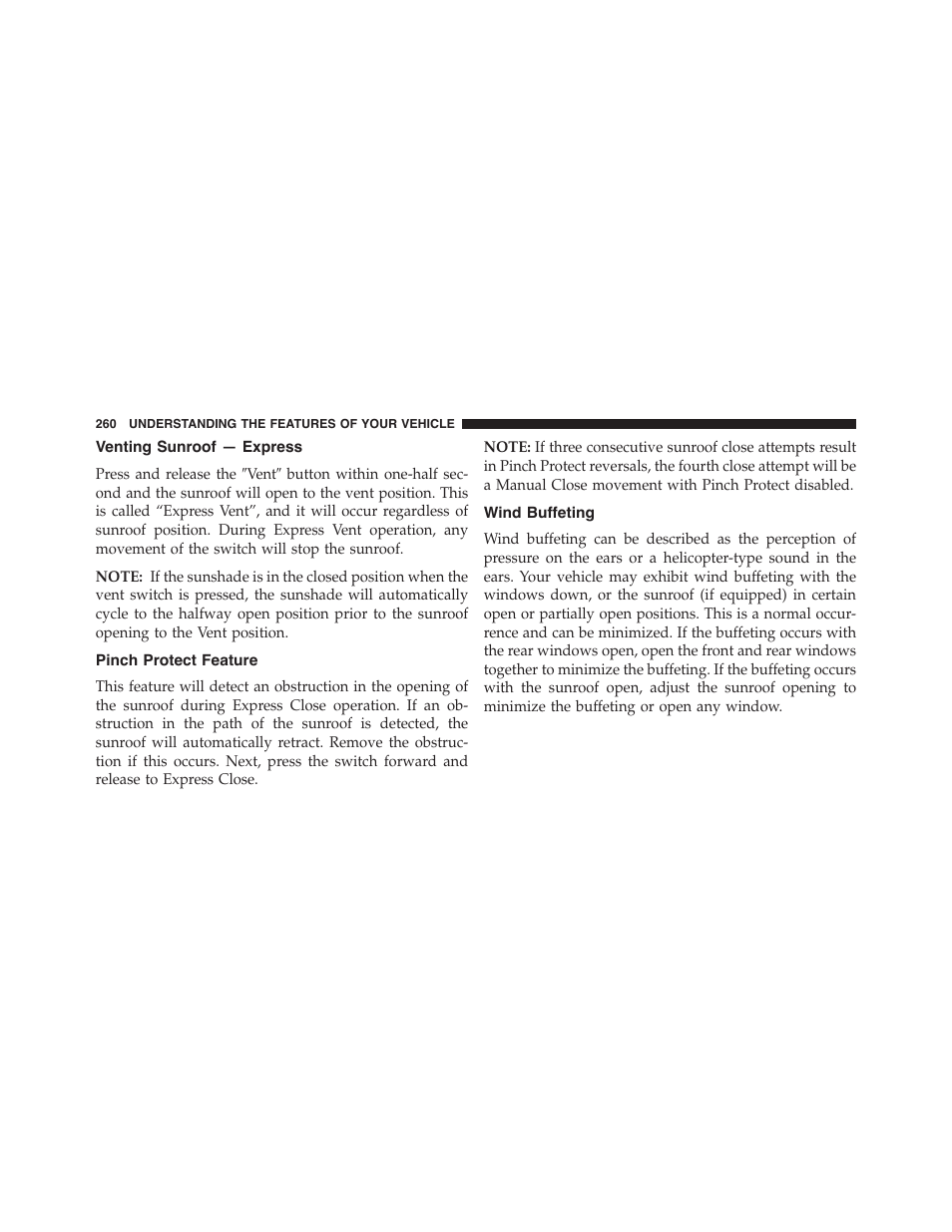 Venting sunroof — express, Pinch protect feature, Wind buffeting | Jeep 2015 Grand Cherokee SRT - Owner Manual User Manual | Page 262 / 638