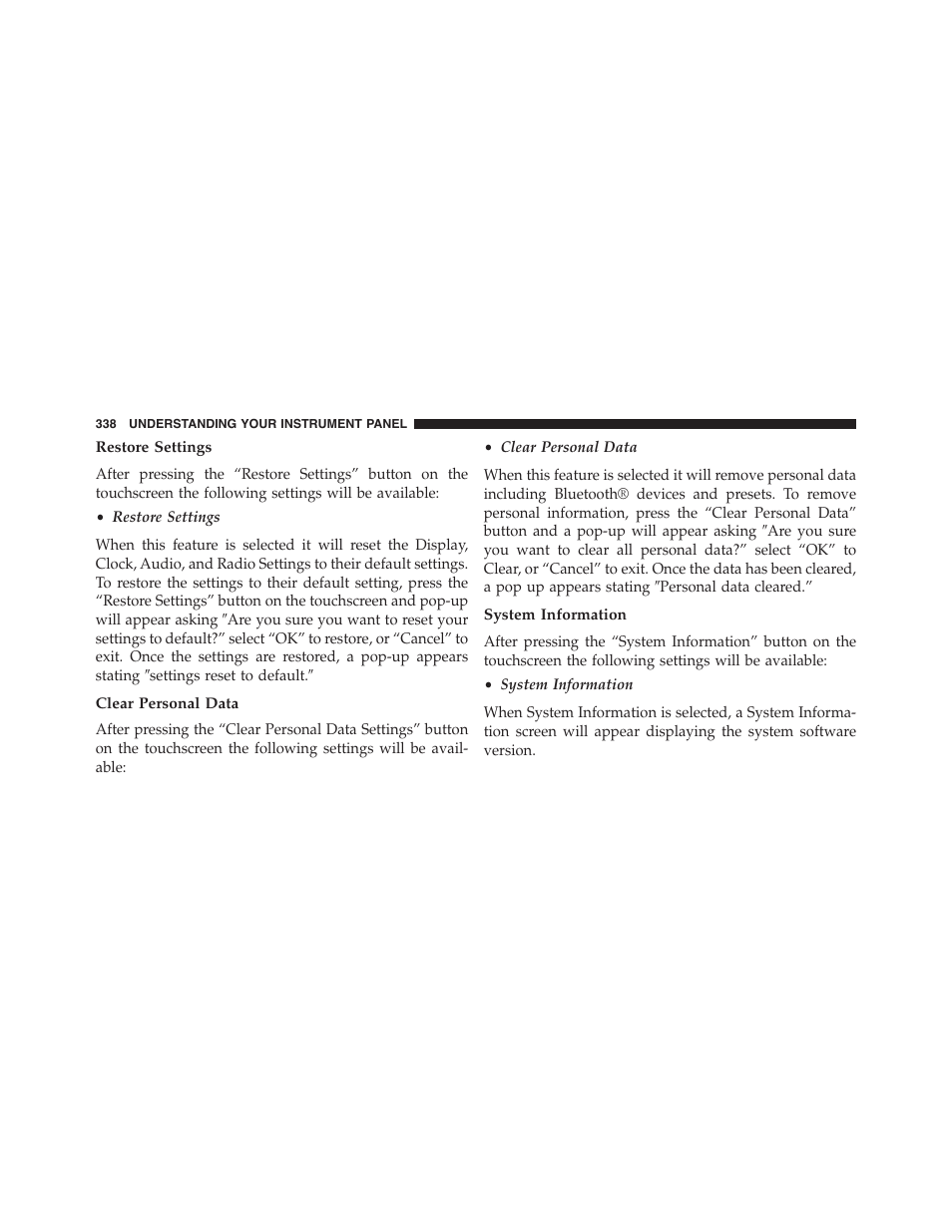 Restore settings, Clear personal data, System information | Jeep 2015 Grand Cherokee SRT - Owner Manual User Manual | Page 340 / 638