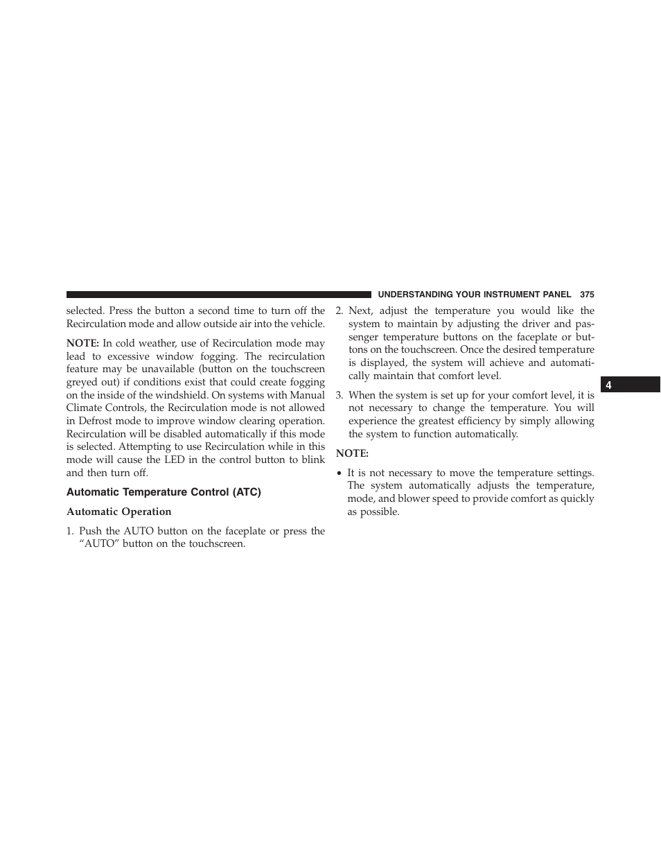 Automatic temperature control (atc), Automatic operation | Jeep 2015 Grand Cherokee SRT - Owner Manual User Manual | Page 377 / 638