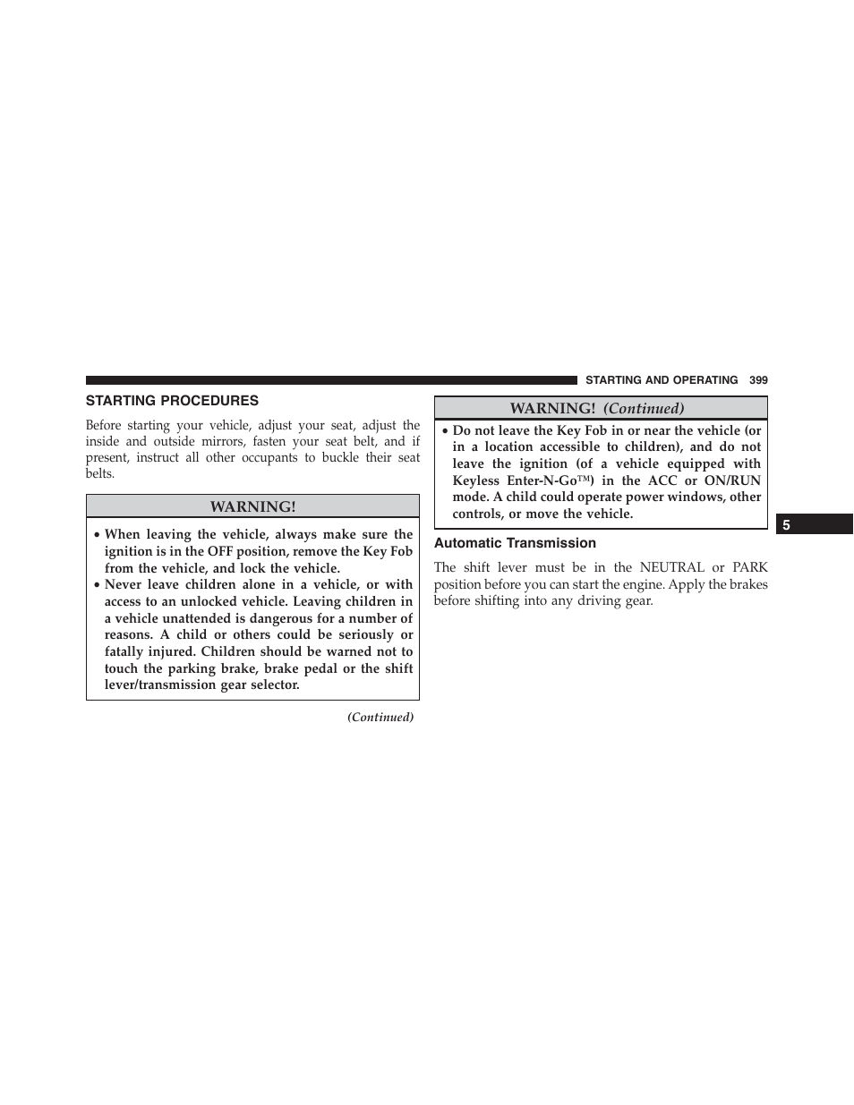 Starting procedures, Automatic transmission | Jeep 2015 Grand Cherokee SRT - Owner Manual User Manual | Page 401 / 638
