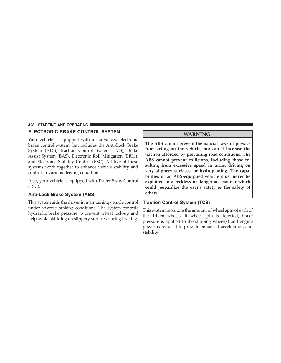 Electronic brake control system, Anti-lock brake system (abs), Traction control system (tcs) | Jeep 2015 Grand Cherokee SRT - Owner Manual User Manual | Page 430 / 638