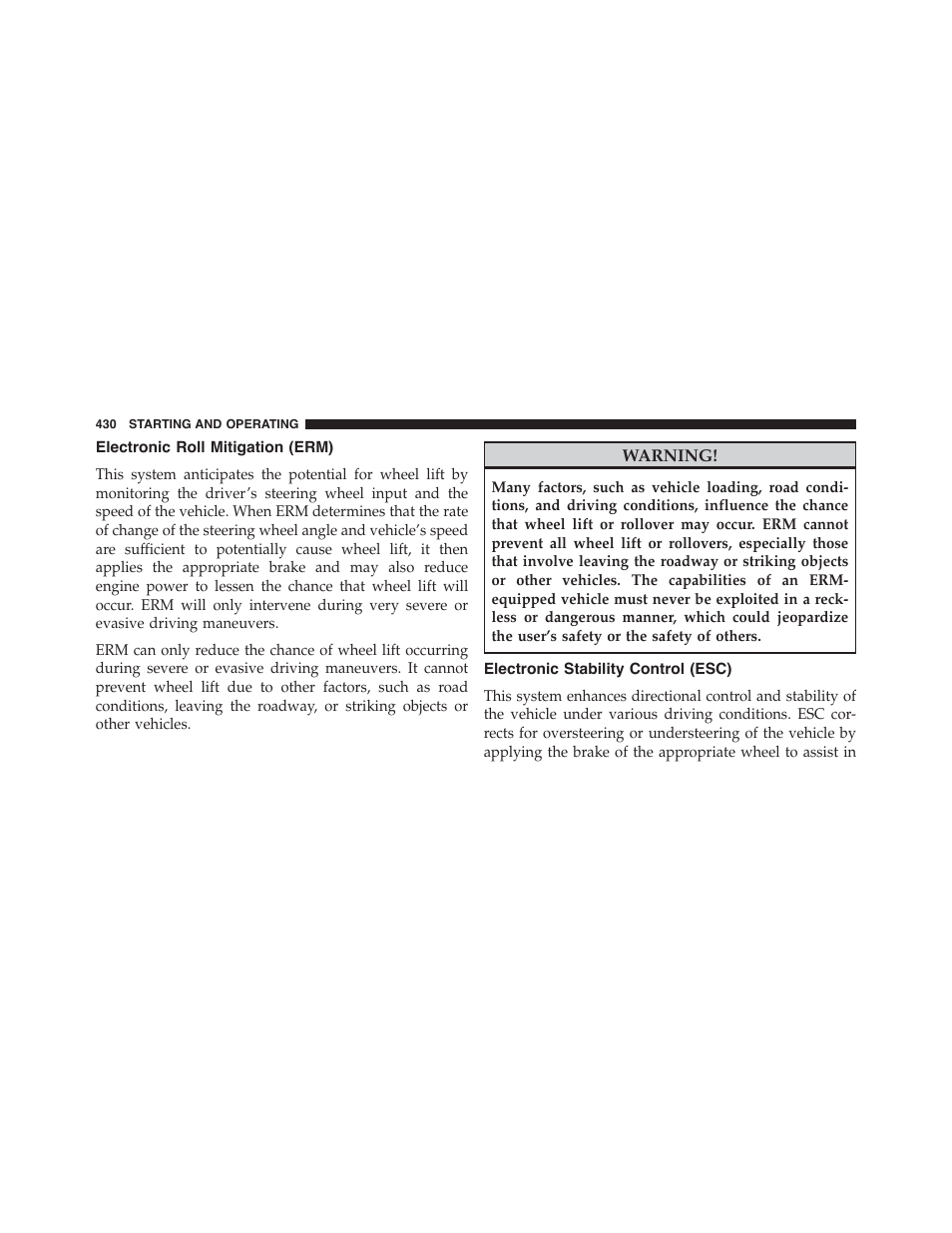 Electronic roll mitigation (erm), Electronic stability control (esc) | Jeep 2015 Grand Cherokee SRT - Owner Manual User Manual | Page 432 / 638