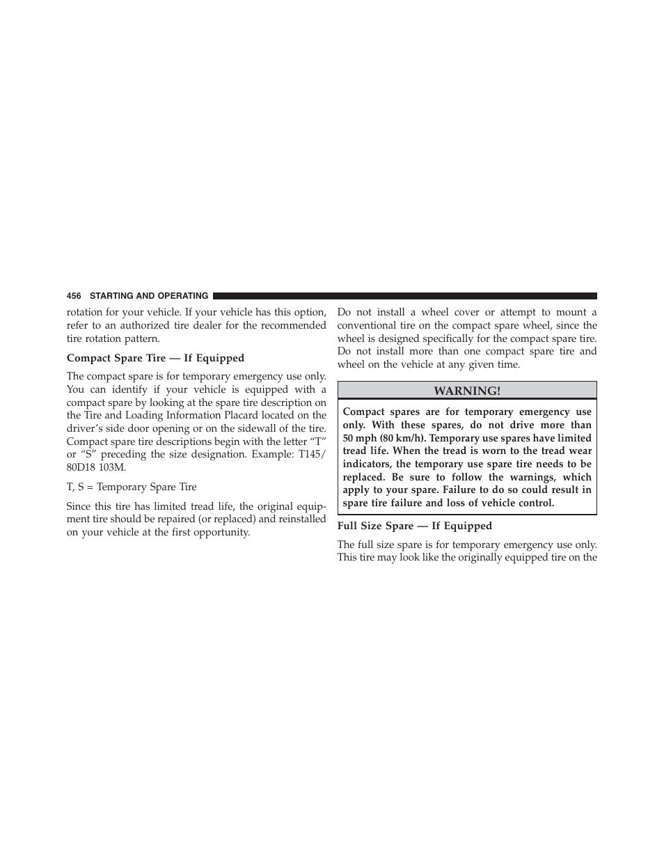 Compact spare tire — if equipped, Full size spare — if equipped | Jeep 2015 Grand Cherokee SRT - Owner Manual User Manual | Page 458 / 638