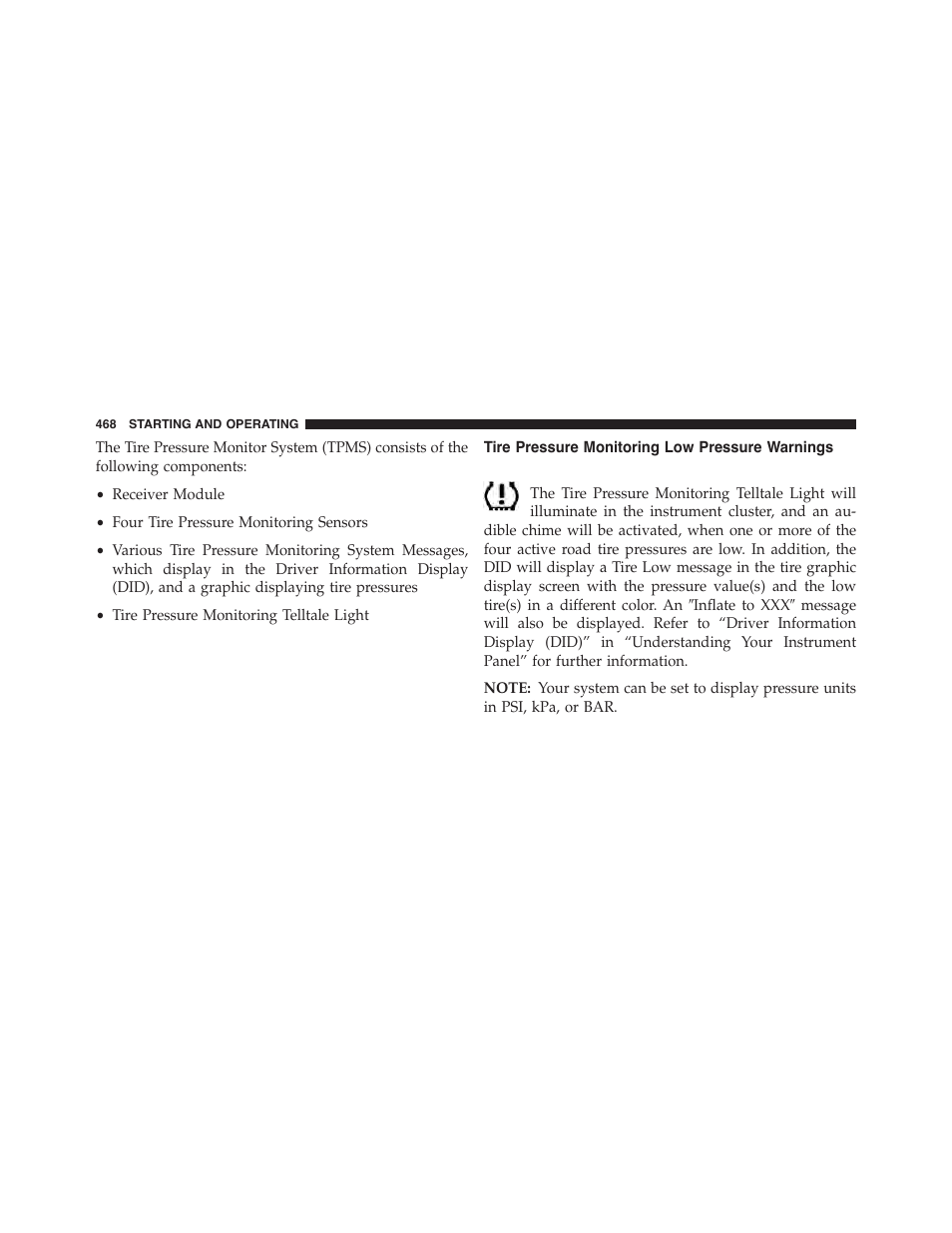 Tire pressure monitoring low pressure warnings, Tire pressure monitoring low pressure, Warnings | Jeep 2015 Grand Cherokee SRT - Owner Manual User Manual | Page 470 / 638