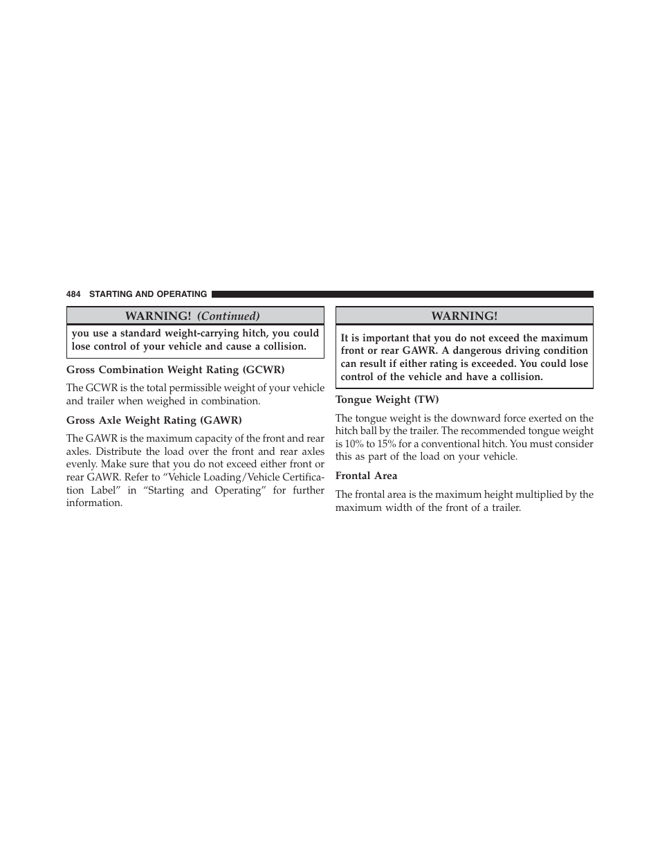 Gross combination weight rating (gcwr), Gross axle weight rating (gawr), Tongue weight (tw) | Frontal area | Jeep 2015 Grand Cherokee SRT - Owner Manual User Manual | Page 486 / 638