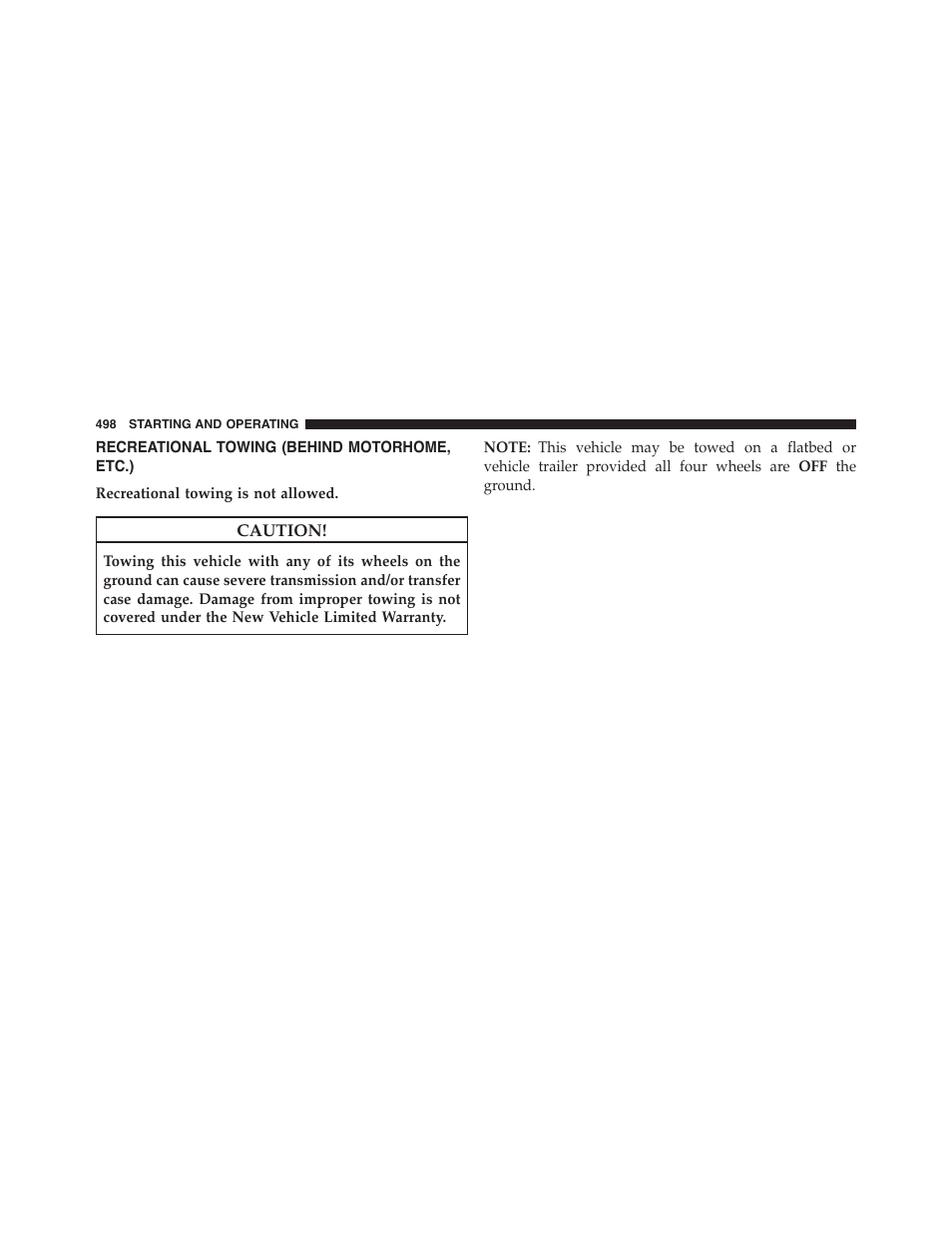 Recreational towing (behind motorhome, etc.), Recreational towing (behind, Motorhome, etc.) | Jeep 2015 Grand Cherokee SRT - Owner Manual User Manual | Page 500 / 638