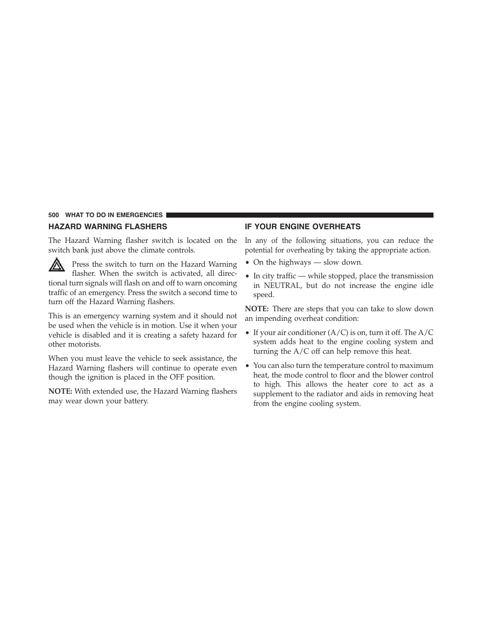 Hazard warning flashers, If your engine overheats | Jeep 2015 Grand Cherokee SRT - Owner Manual User Manual | Page 502 / 638