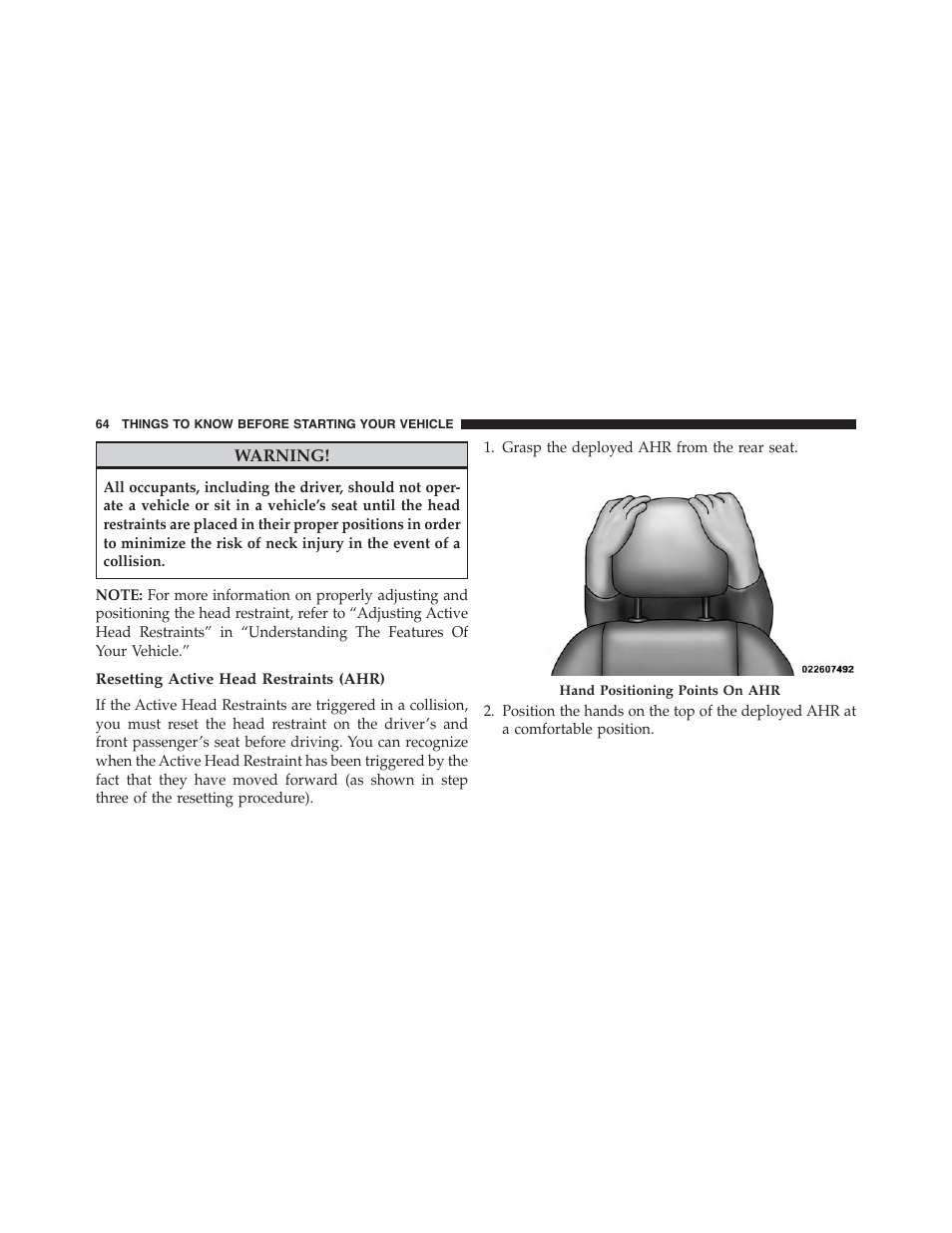 Resetting active head restraints (ahr) | Jeep 2015 Grand Cherokee SRT - Owner Manual User Manual | Page 66 / 638