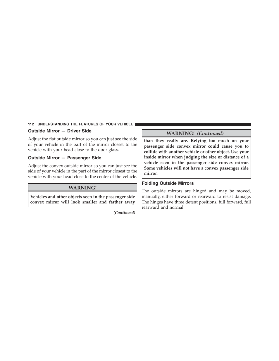 Outside mirror — driver side, Outside mirror — passenger side, Folding outside mirrors | Jeep 2015 Patriot - Owner Manual User Manual | Page 114 / 568