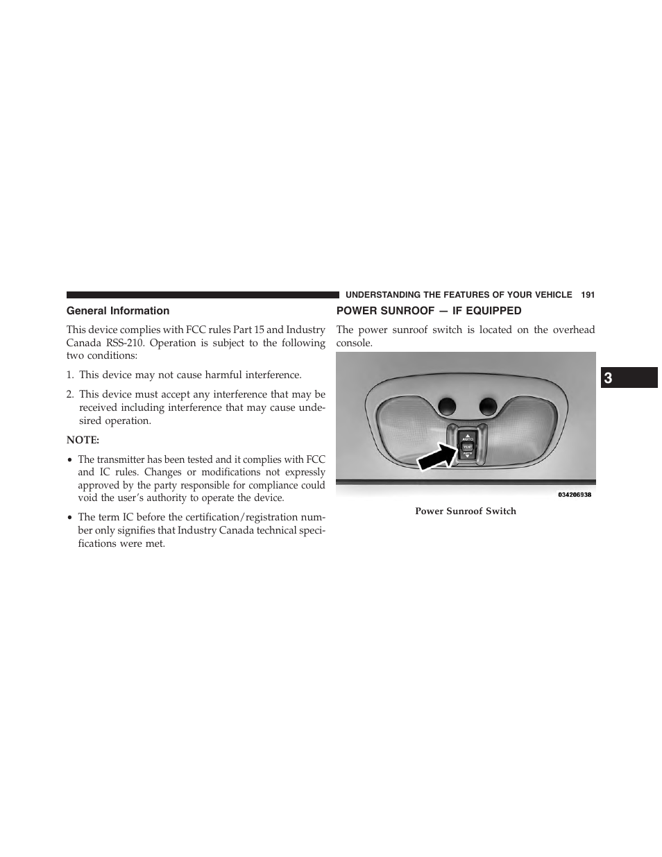 General information, Power sunroof — if equipped | Jeep 2015 Patriot - Owner Manual User Manual | Page 193 / 568