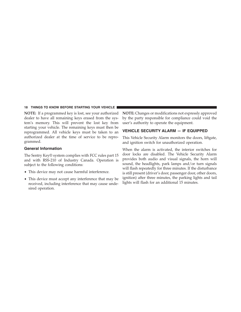 General information, Vehicle security alarm — if equipped, Vehicle security alarm | If equipped | Jeep 2015 Patriot - Owner Manual User Manual | Page 20 / 568