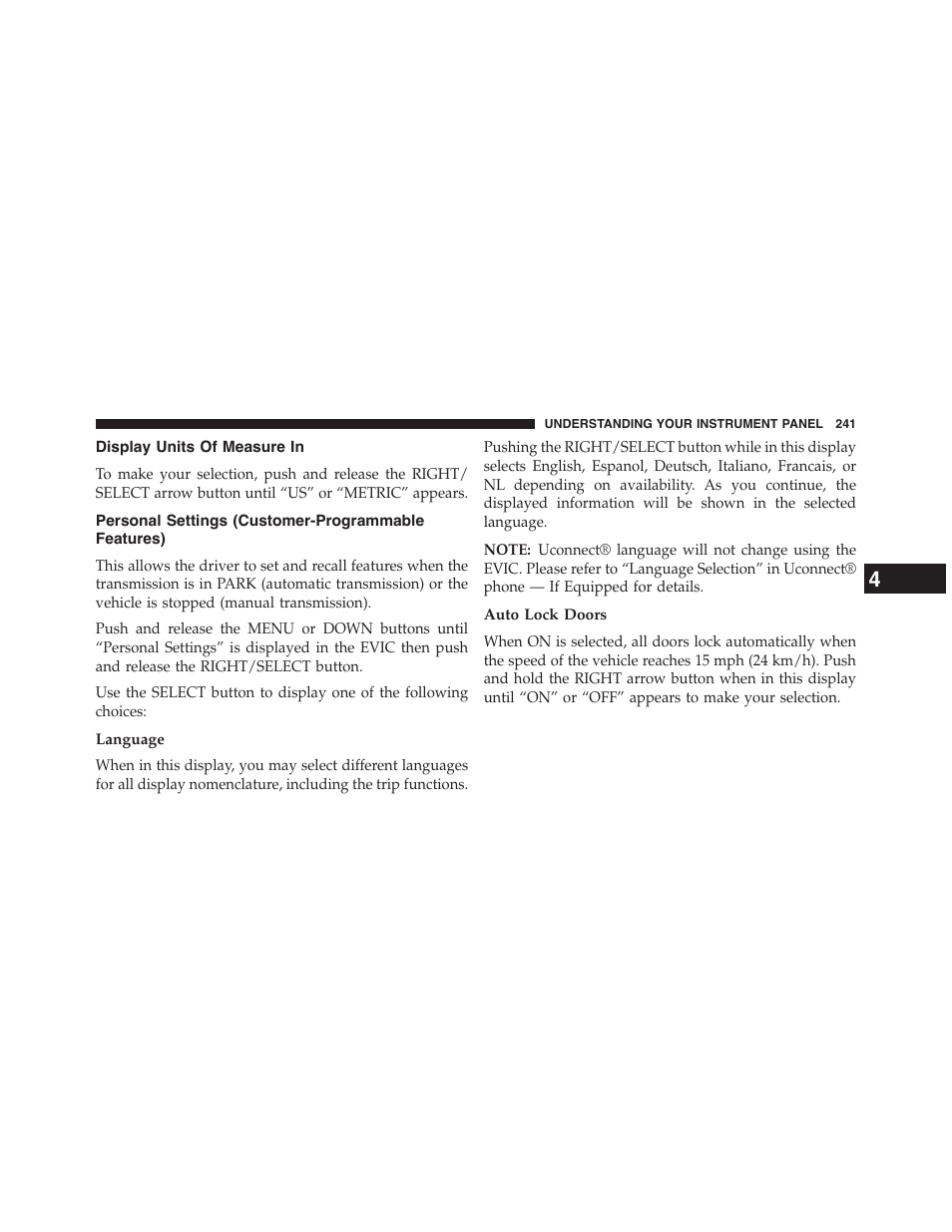 Display units of measure in, Personal settings (customer-programmable features), Language | Auto lock doors, Personal settings (customer-programmable, Features) | Jeep 2015 Patriot - Owner Manual User Manual | Page 243 / 568