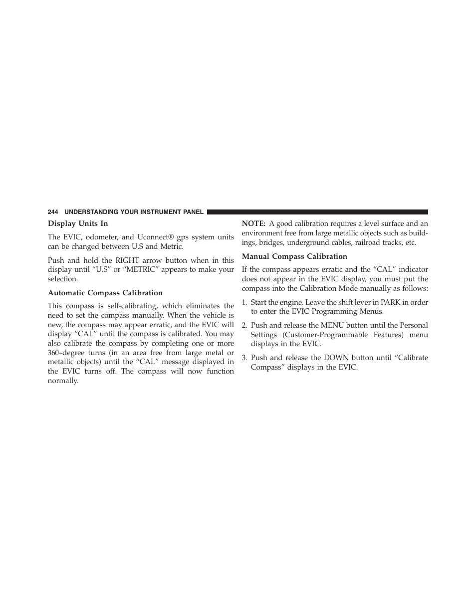 Display units in, Automatic compass calibration, Manual compass calibration | Jeep 2015 Patriot - Owner Manual User Manual | Page 246 / 568