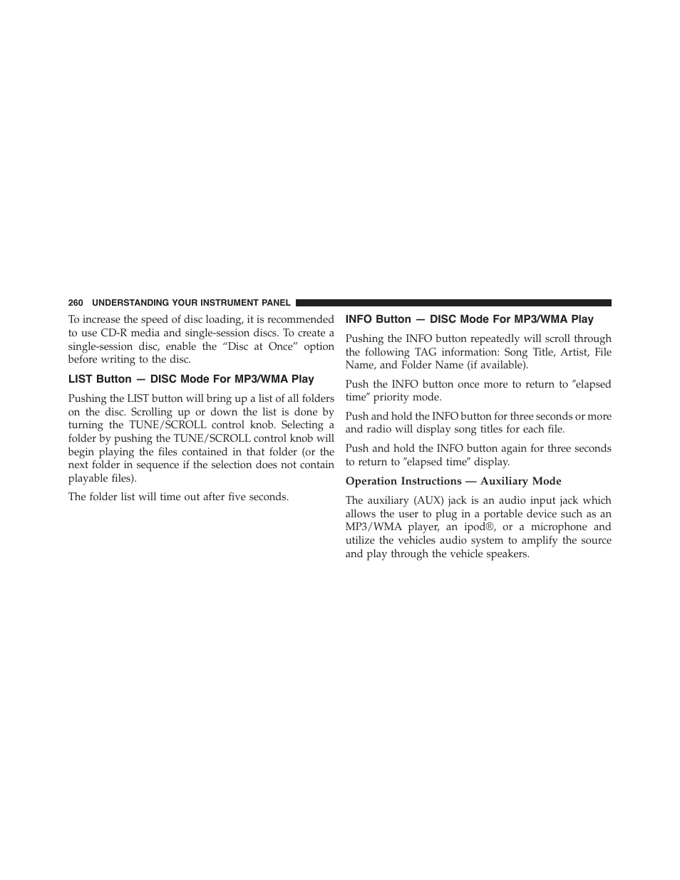 List button — disc mode for mp3/wma play, Info button — disc mode for mp3/wma play, Operation instructions — auxiliary mode | List button — disc mode for mp3/wma, Play, Info button — disc mode for mp3/wma | Jeep 2015 Patriot - Owner Manual User Manual | Page 262 / 568