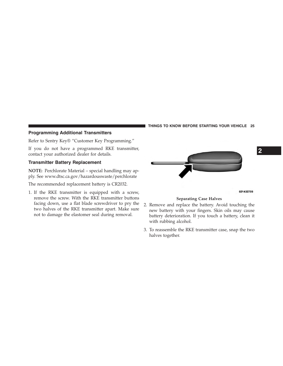 Programming additional transmitters, Transmitter battery replacement | Jeep 2015 Patriot - Owner Manual User Manual | Page 27 / 568