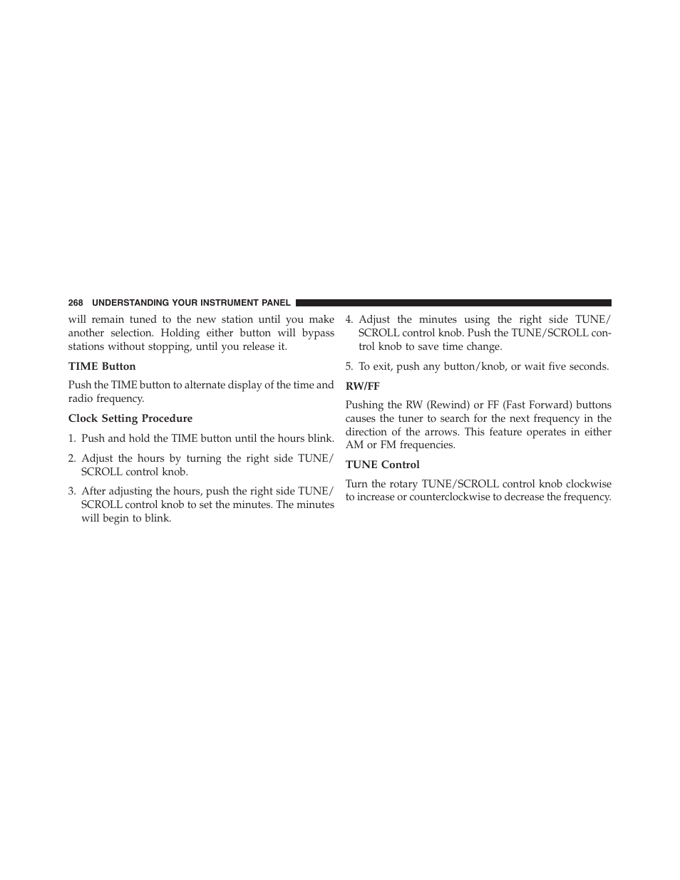 Time button, Clock setting procedure, Rw/ff | Tune control | Jeep 2015 Patriot - Owner Manual User Manual | Page 270 / 568