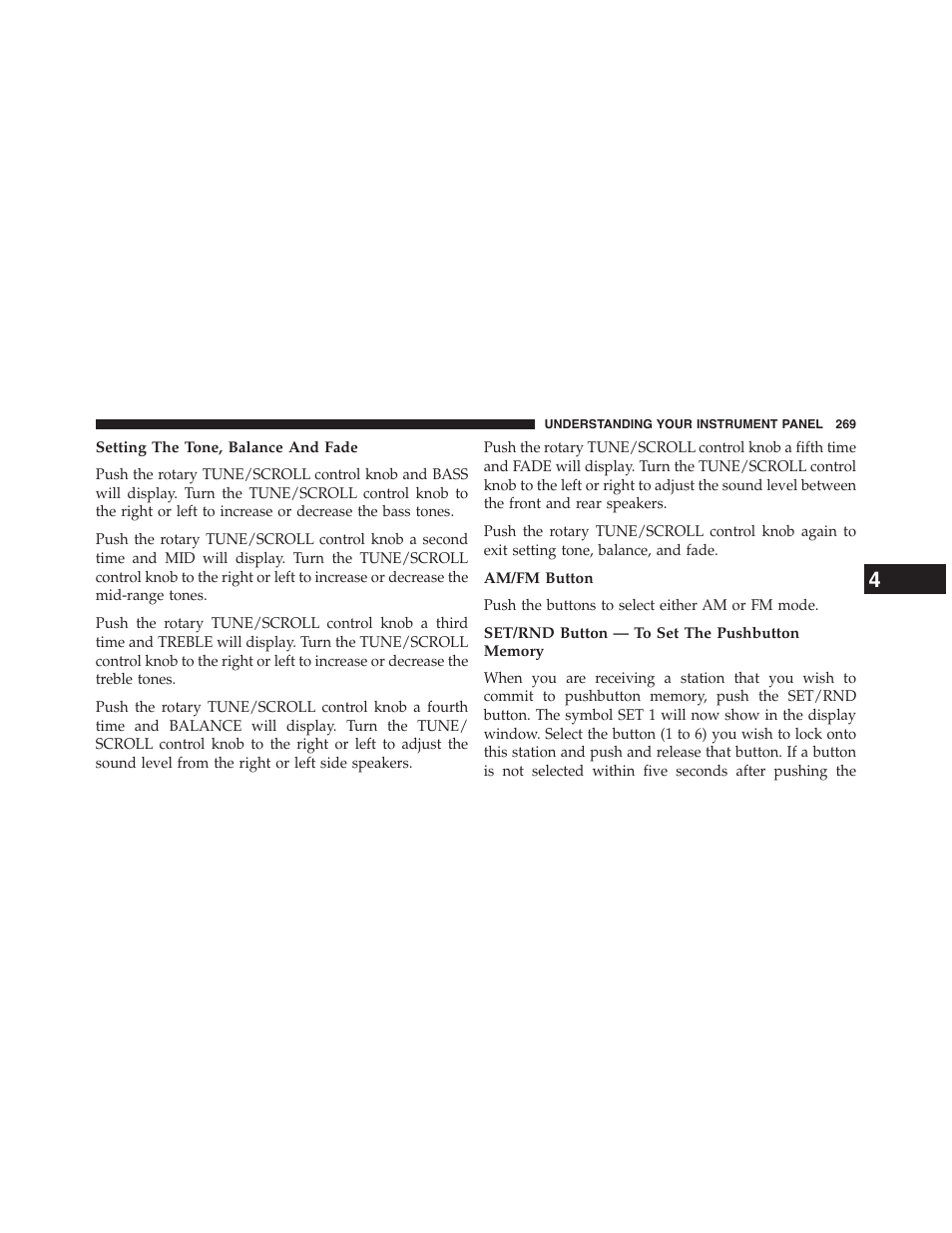 Setting the tone, balance and fade, Am/fm button, Set/rnd button — to set the pushbutton memory | Jeep 2015 Patriot - Owner Manual User Manual | Page 271 / 568