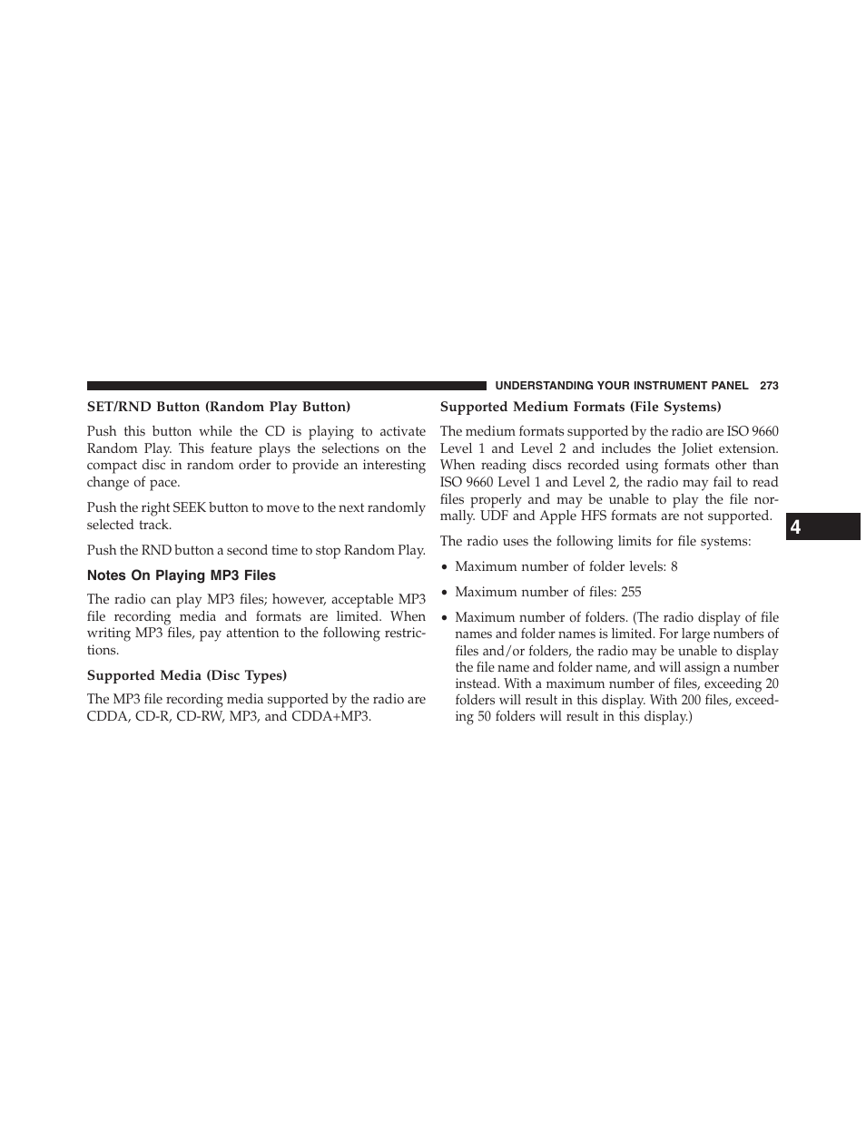 Set/rnd button (random play button), Notes on playing mp3 files, Supported media (disc types) | Supported medium formats (file systems) | Jeep 2015 Patriot - Owner Manual User Manual | Page 275 / 568