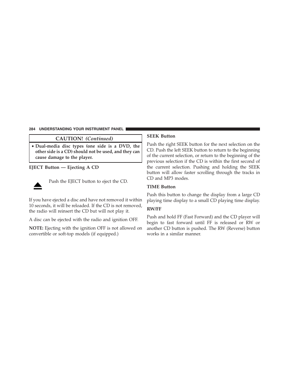 Eject button — ejecting a cd, Seek button, Time button | Rw/ff | Jeep 2015 Patriot - Owner Manual User Manual | Page 286 / 568