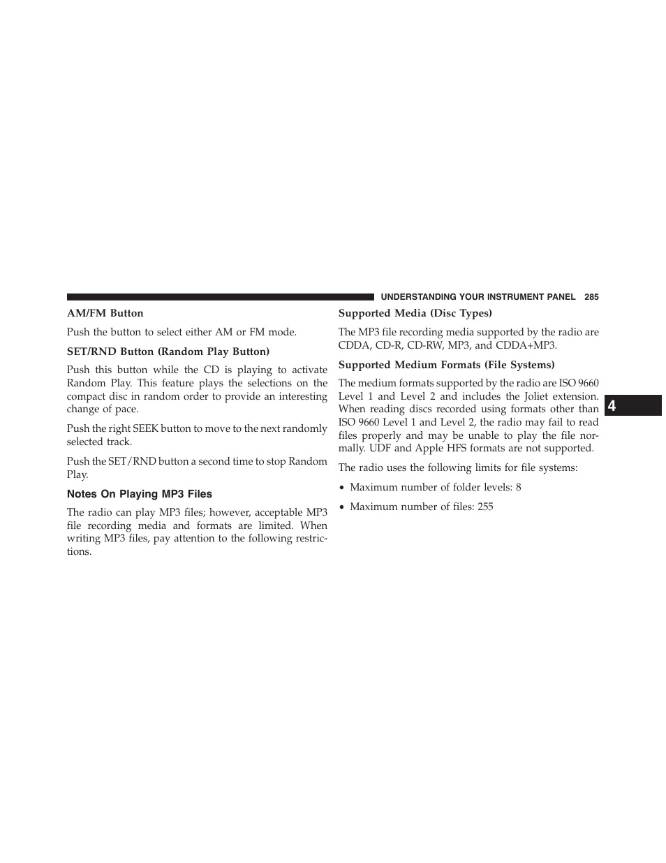 Am/fm button, Set/rnd button (random play button), Notes on playing mp3 files | Supported media (disc types), Supported medium formats (file systems) | Jeep 2015 Patriot - Owner Manual User Manual | Page 287 / 568