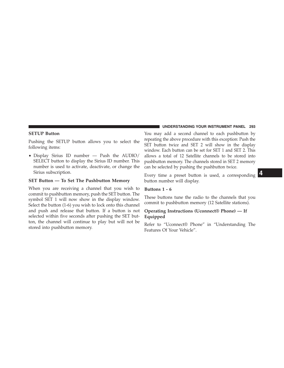 Setup button, Set button — to set the pushbutton memory, Buttons 1 - 6 | Jeep 2015 Patriot - Owner Manual User Manual | Page 295 / 568