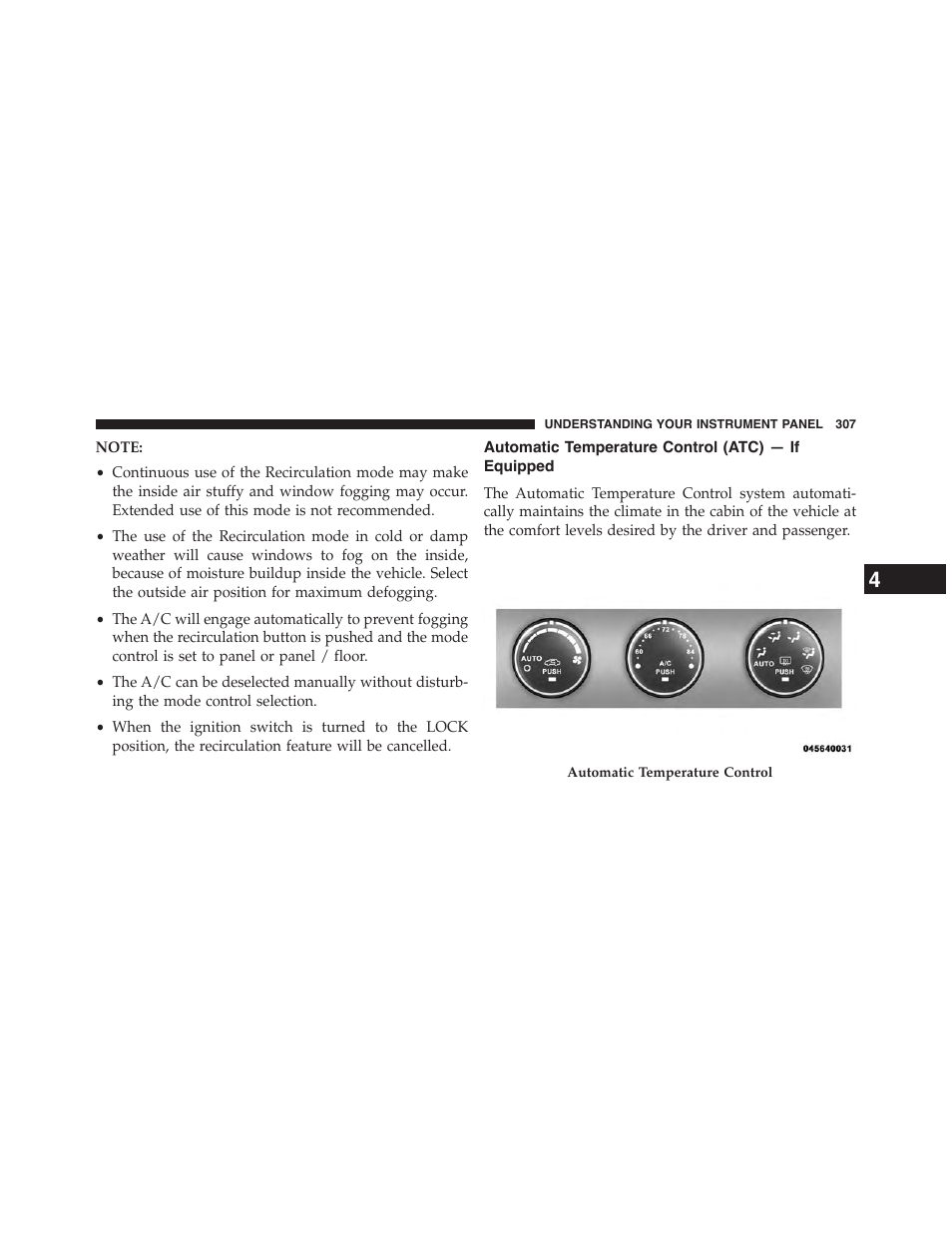 Automatic temperature control (atc) — if equipped, Automatic temperature control (atc) — if, Equipped | Jeep 2015 Patriot - Owner Manual User Manual | Page 309 / 568