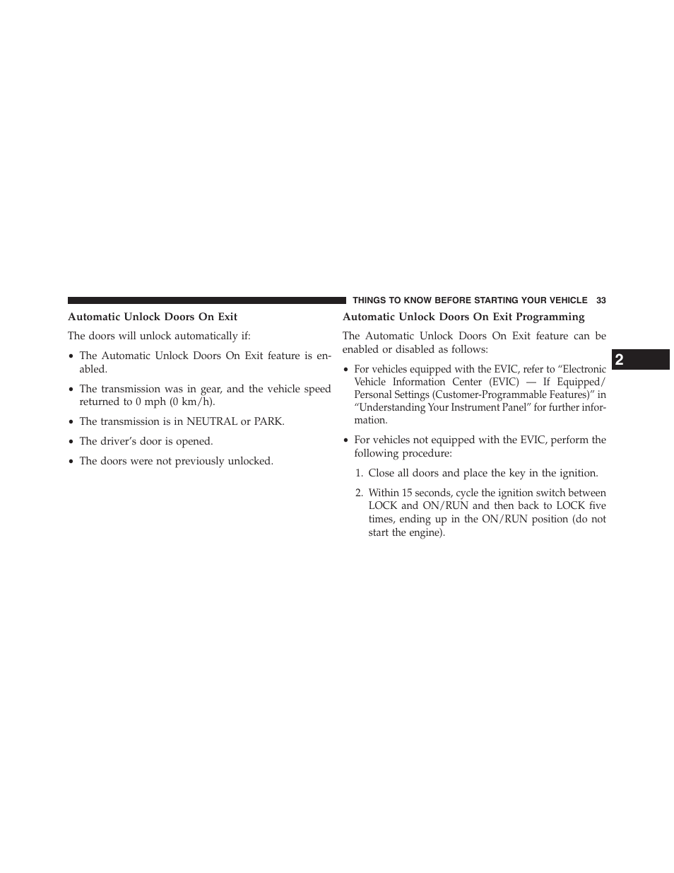 Automatic unlock doors on exit, Automatic unlock doors on exit programming | Jeep 2015 Patriot - Owner Manual User Manual | Page 35 / 568