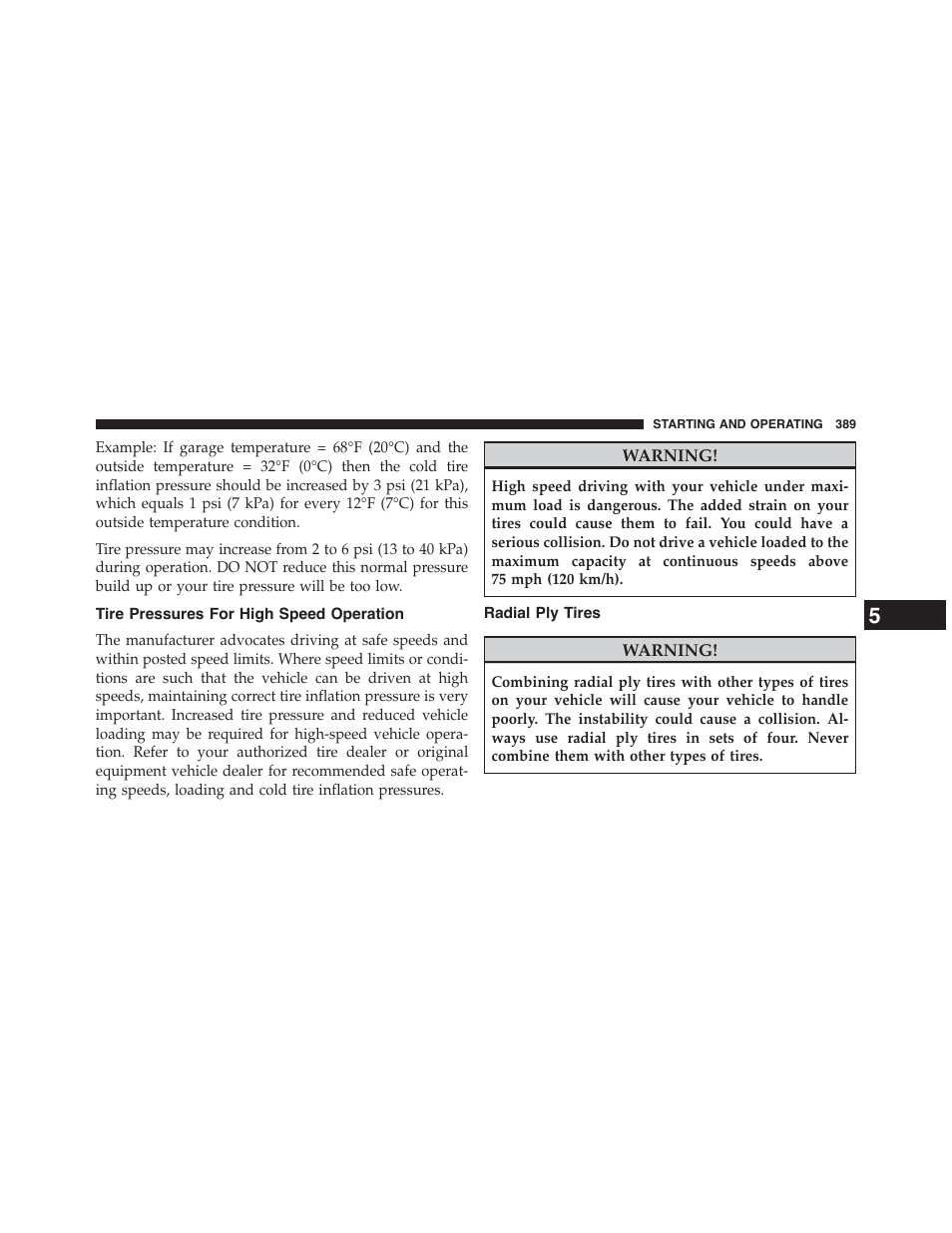 Tire pressures for high speed operation, Radial ply tires | Jeep 2015 Patriot - Owner Manual User Manual | Page 391 / 568