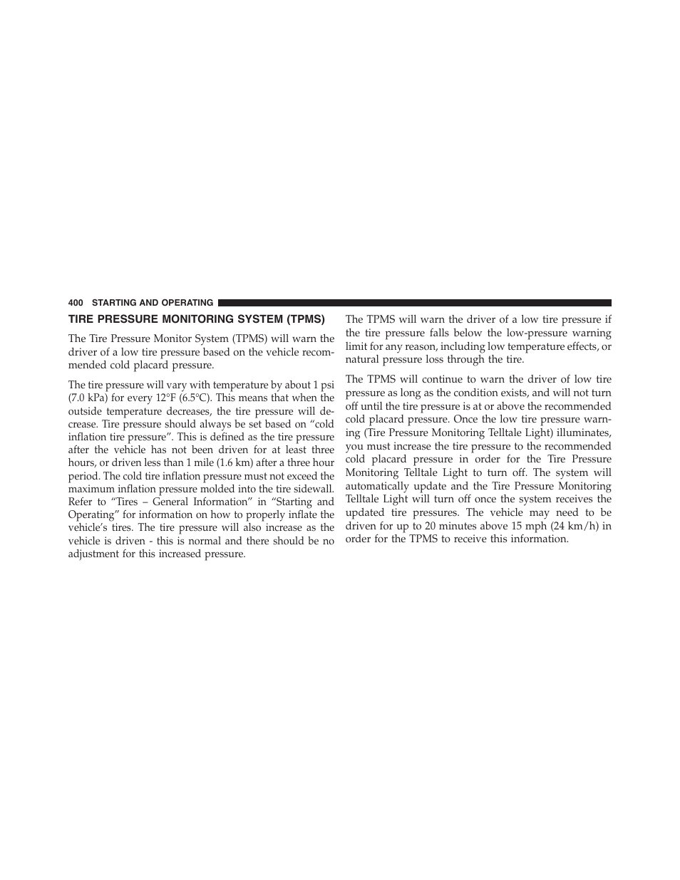 Tire pressure monitoring system (tpms), Tire pressure monitoring, System (tpms) | Jeep 2015 Patriot - Owner Manual User Manual | Page 402 / 568