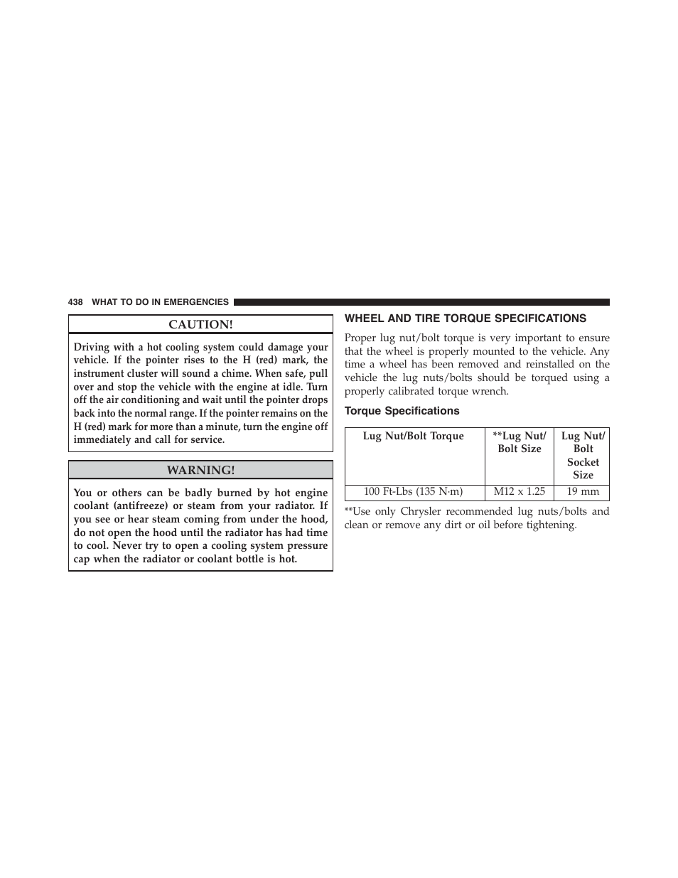 Wheel and tire torque specifications, Torque specifications, Wheel and tire torque | Specifications | Jeep 2015 Patriot - Owner Manual User Manual | Page 440 / 568