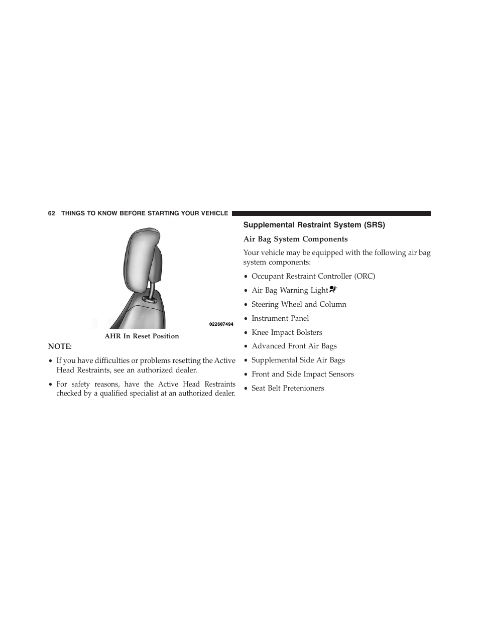 Supplemental restraint system (srs), Air bag system components | Jeep 2015 Patriot - Owner Manual User Manual | Page 64 / 568