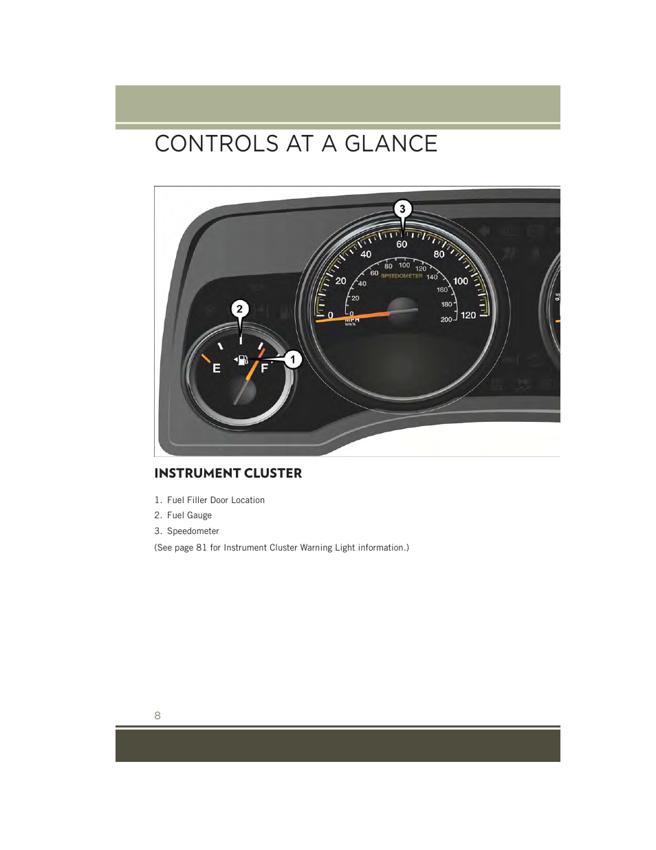 Instrument cluster, Controls at a glance | Jeep 2015 Patriot - User Guide User Manual | Page 10 / 132